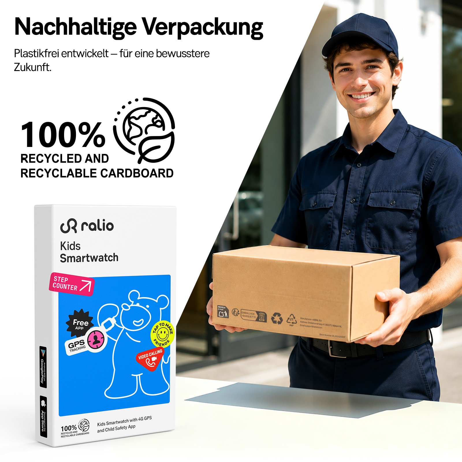 Ein lächelnder Lieferbote hält ein Papppaket vor einer Produktverpackung mit Text und Symbolen.