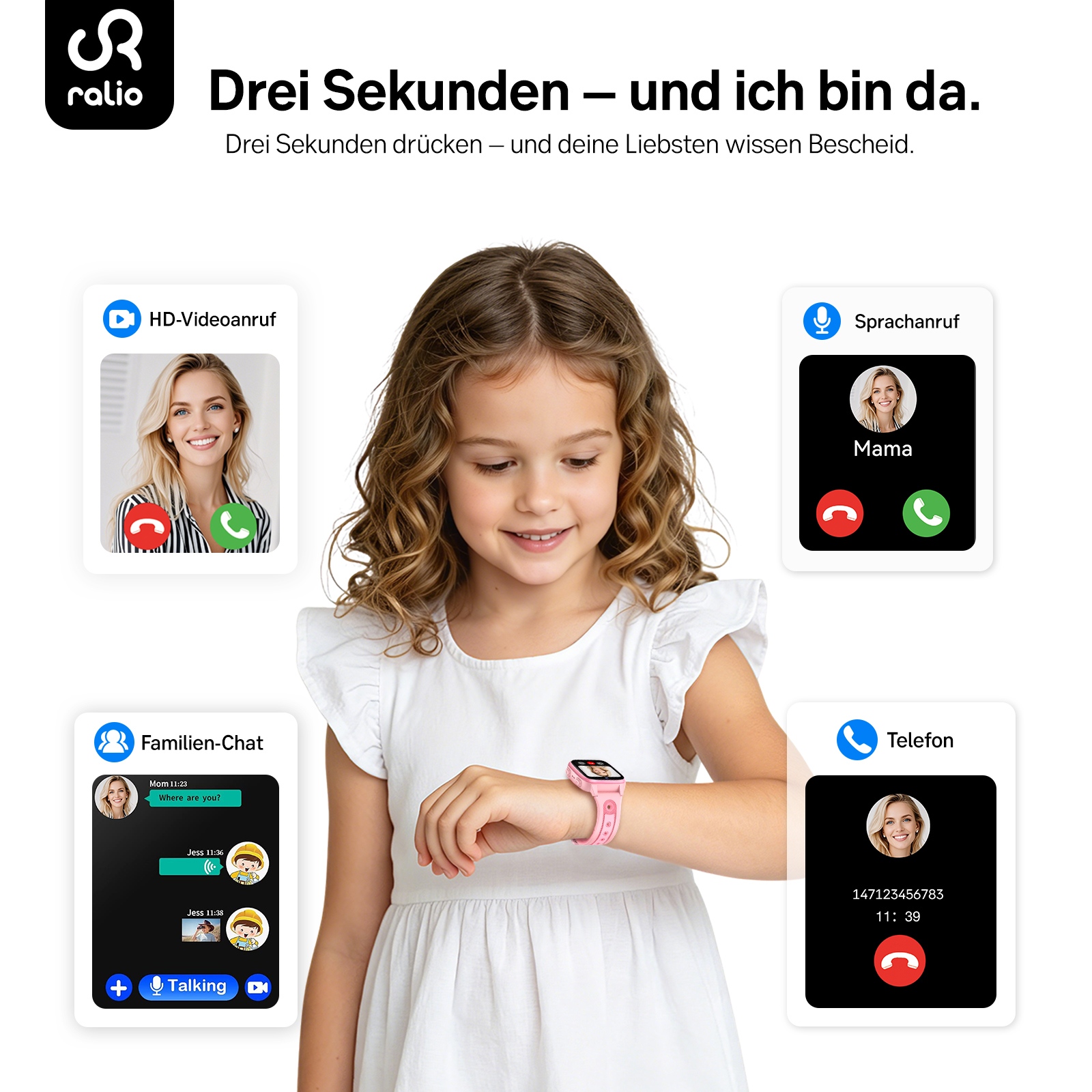 Ein junges Mädchen in weißem Kleid schaut auf ihre pinke Smartwatch, umgeben von Funktionssymbolen.