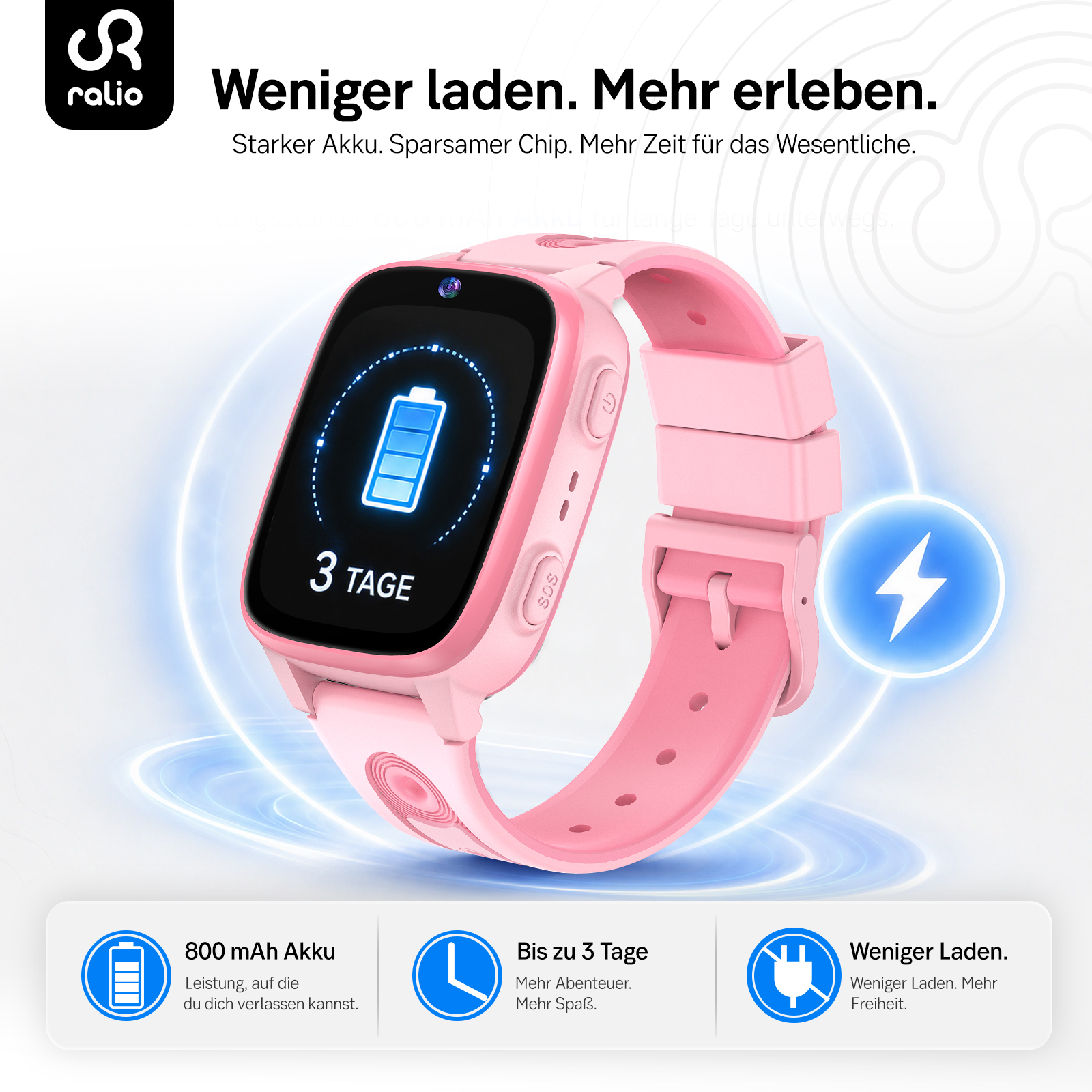 Rosa Kinder-Smartwatch mit Akku-Anzeige und Werbetext für lange Batterielaufzeit.