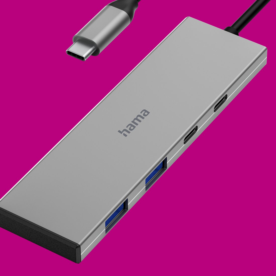 Srebrny hub USB-C Hama z wieloma portami i kablem na magenta tle.
