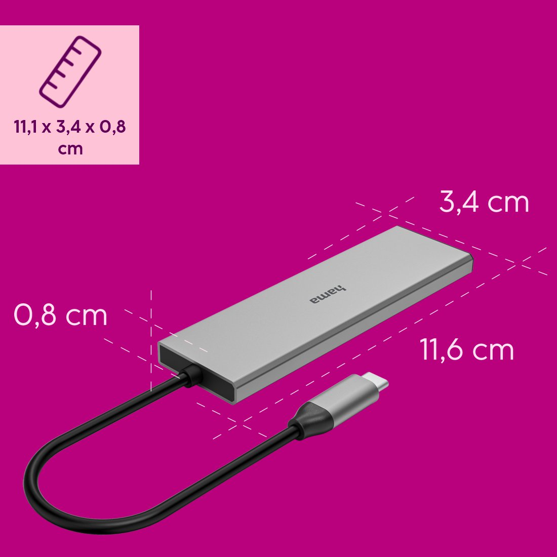 Szary hub USB-C z czarnym kablem i wymiarami na różowym tle.