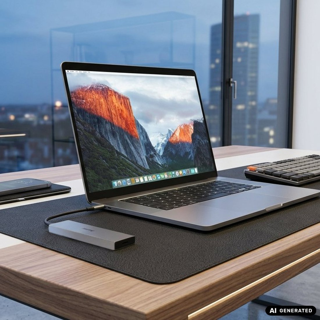 Laptop z górską tapetą stoi na biurku ze stacją dokującą, klawiaturą i widokiem na miasto w tle.