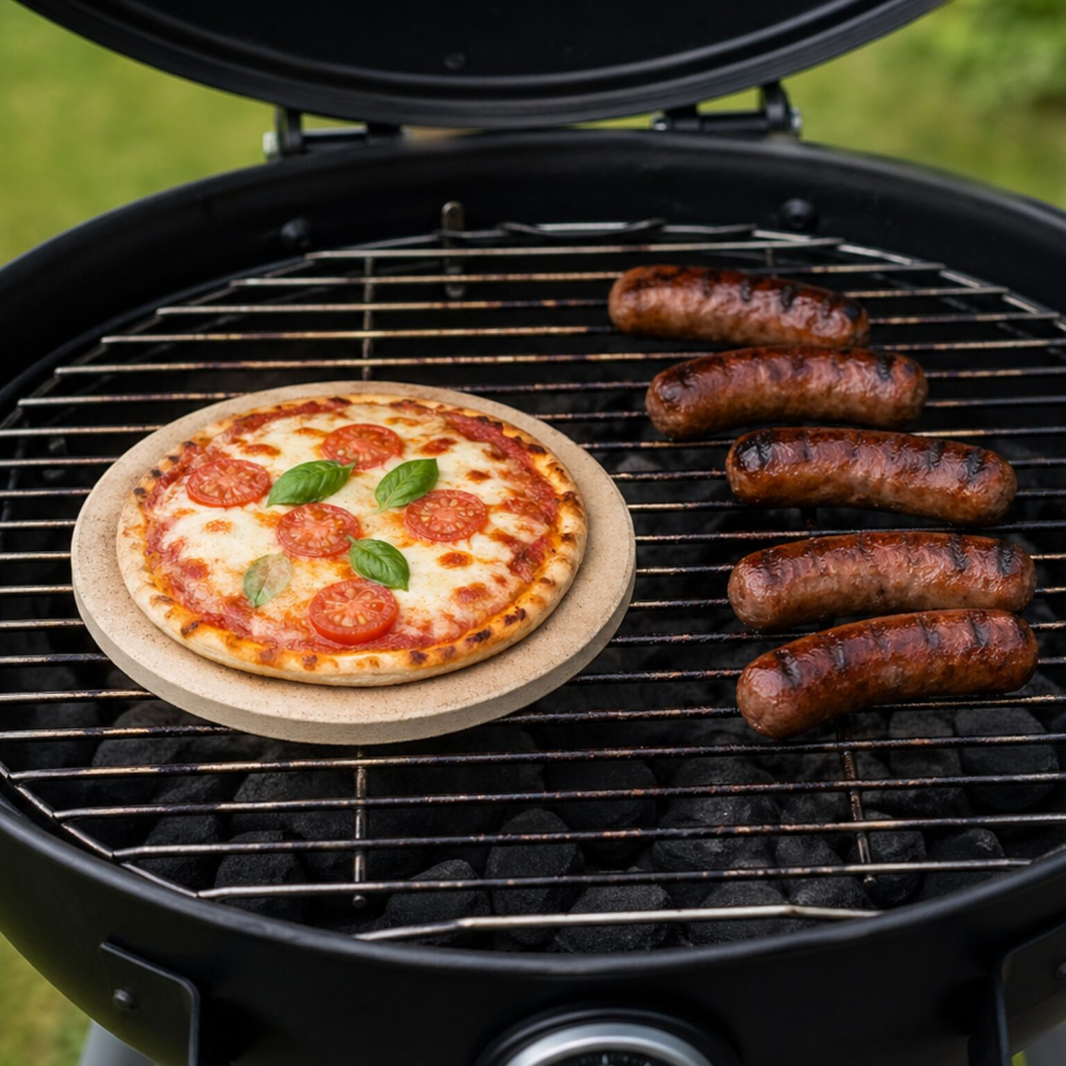 Mała pizza na kamieniu do pizzy i pięć kiełbasek grilluje się na grillu.