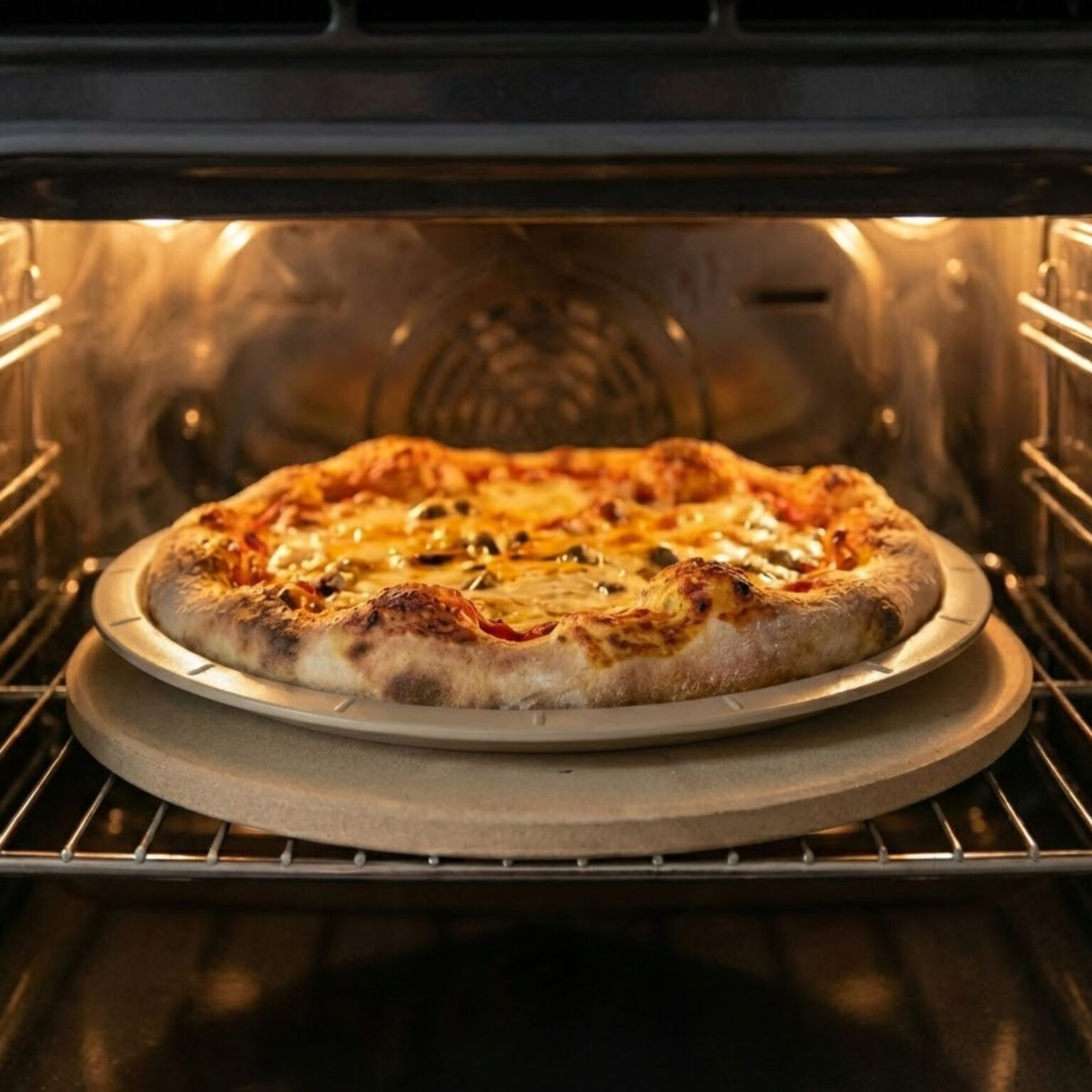 Pizza z roztopionym serem piecze się na okrągłym kamieniu w ciepłym piekarniku.