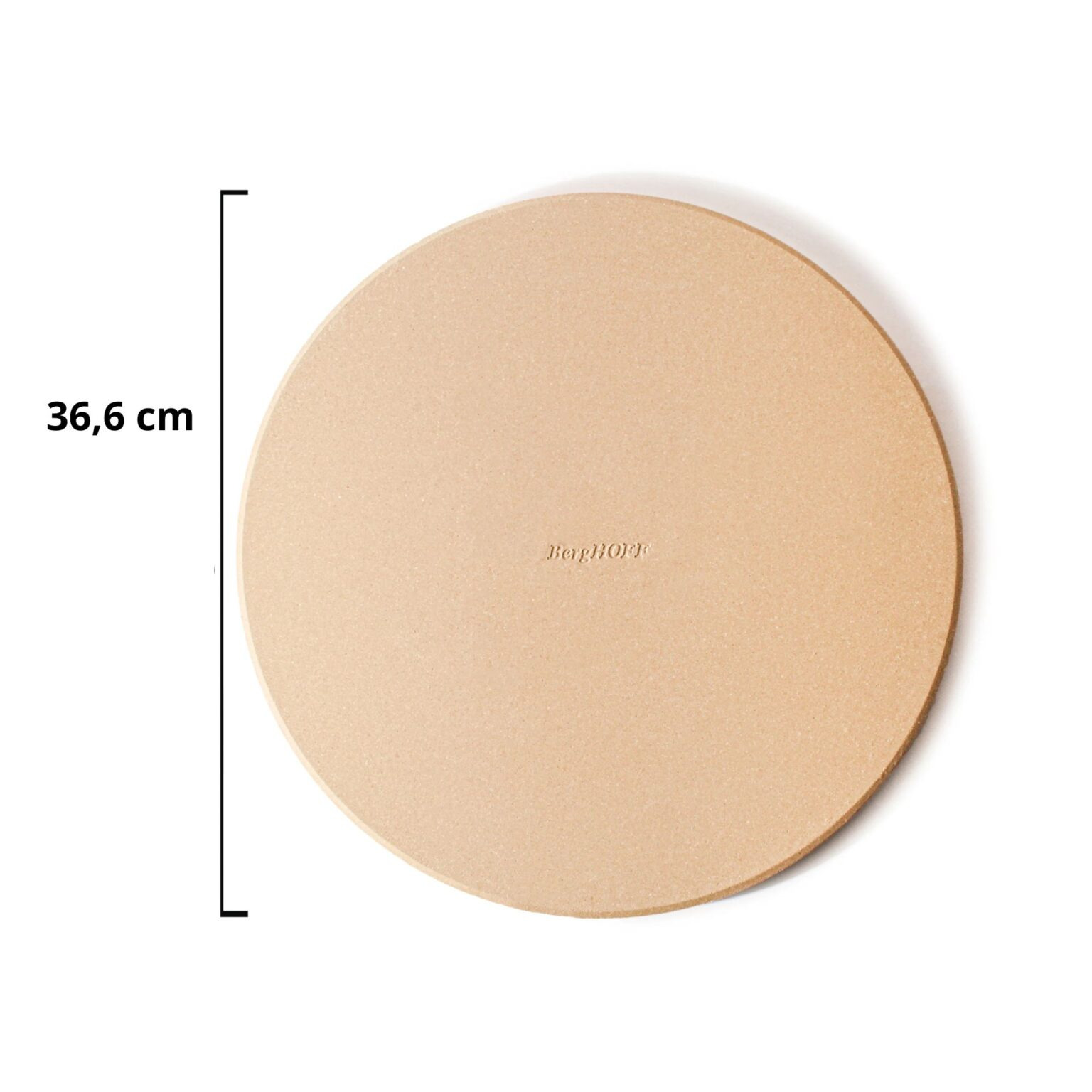 Okrągły beżowy kamień do pizzy z logo BergHOFF i wymiarem 36,6 cm na białym tle.