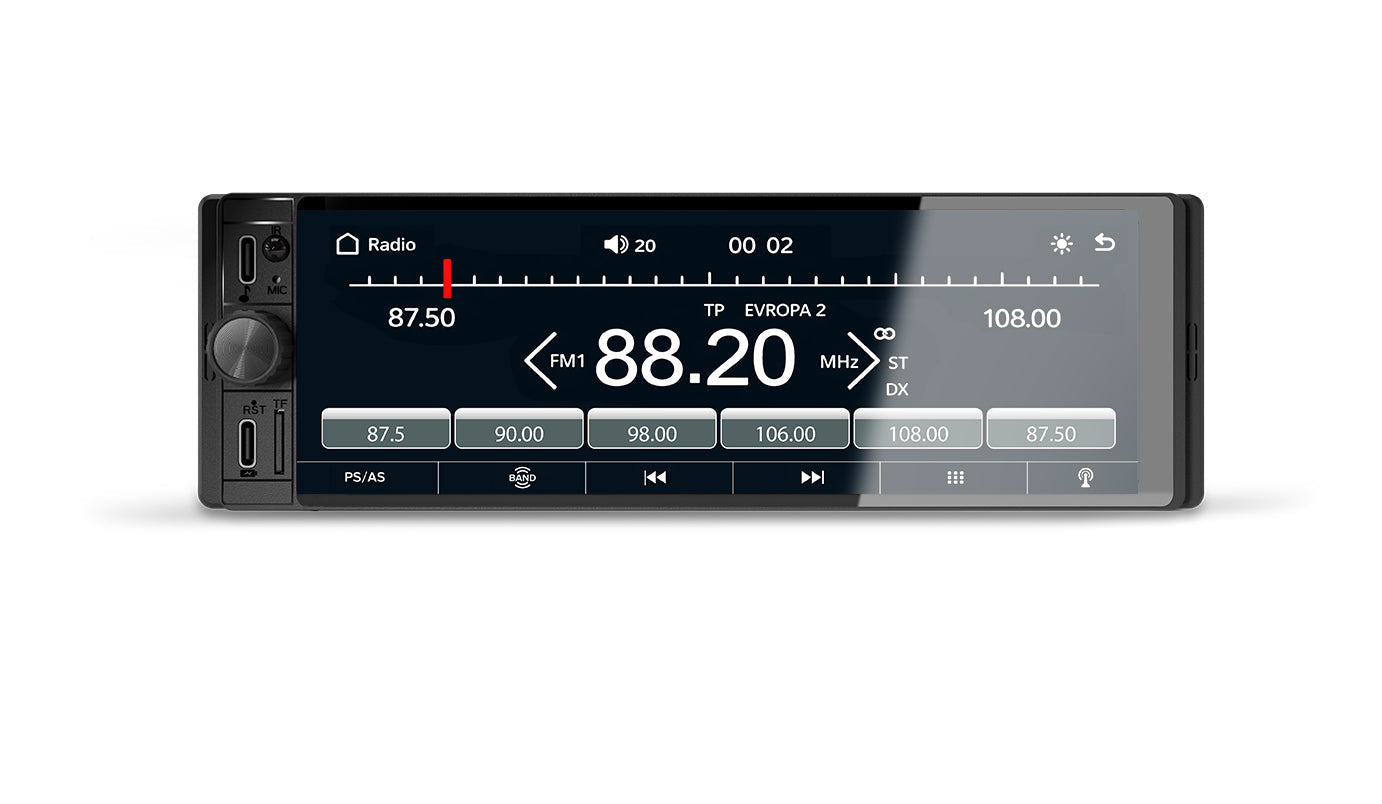 Samochodowe radio z cyfrowym ekranem dotykowym wyświetla częstotliwość 88.20 MHz i przyciski.