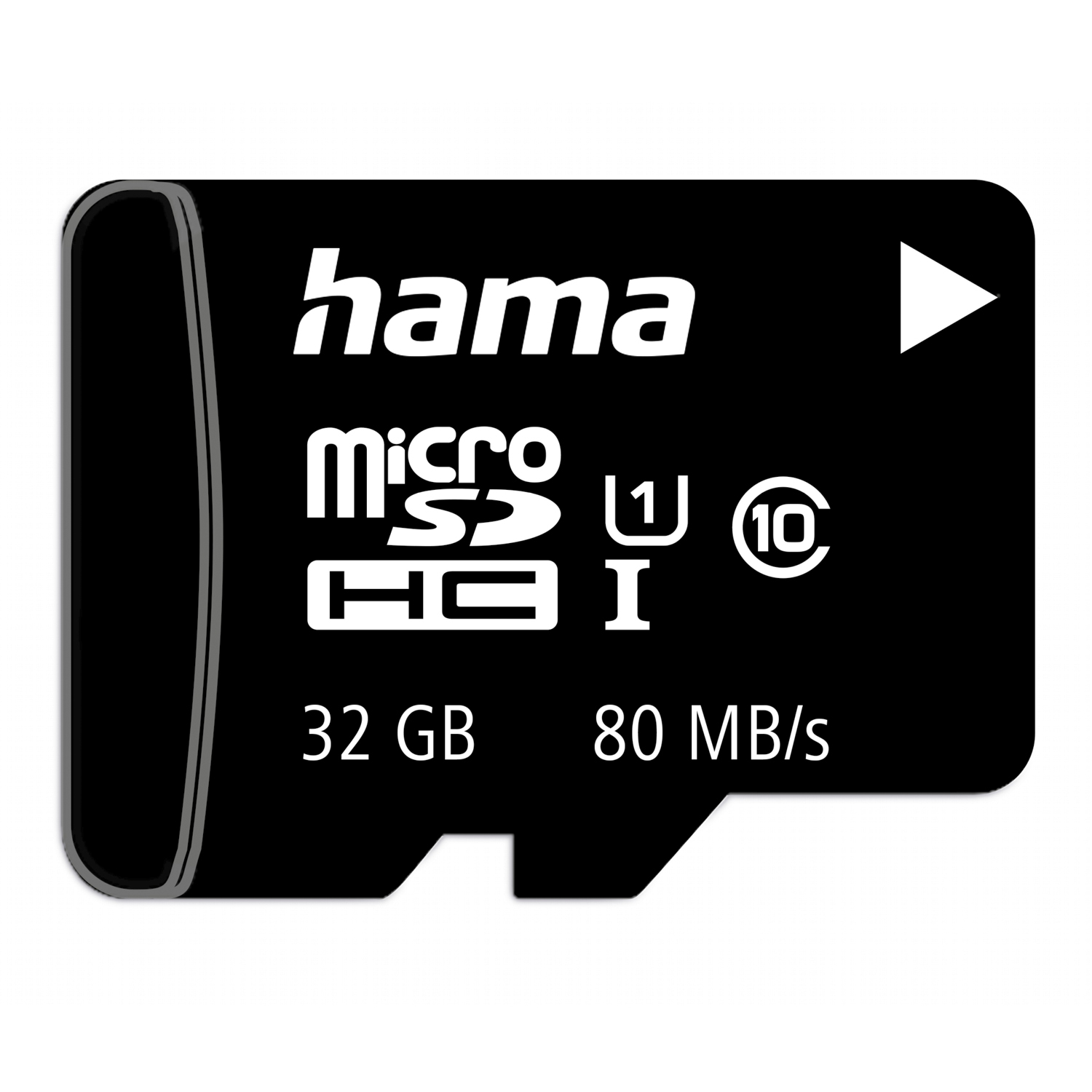 Czarna karta pamięci microSDHC Hama o pojemności 32 GB i prędkości przesyłania 80 MB/s na białym tle.