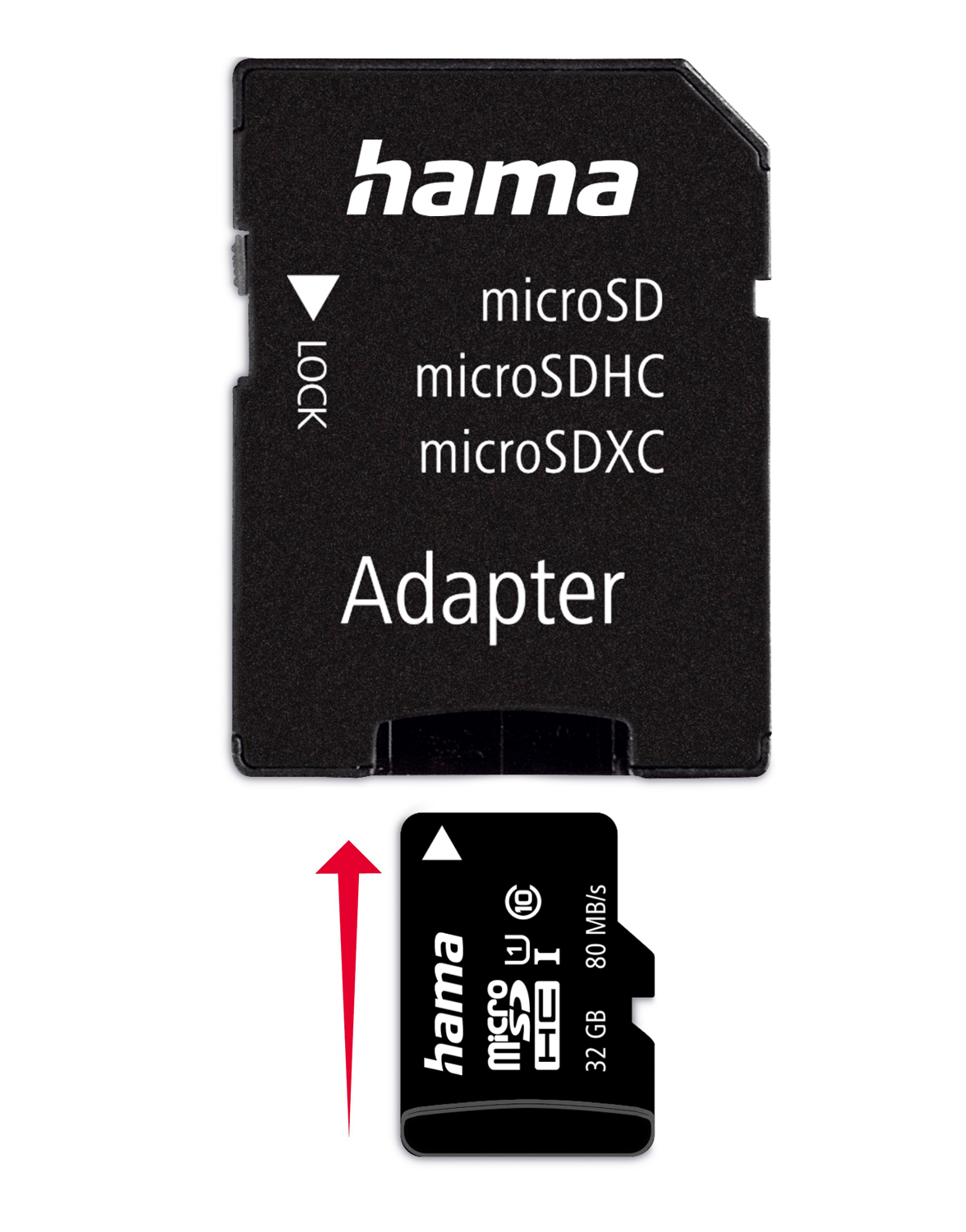 Karta pamięci microSD Hama jest wkładana do czarnego adaptera kart SD.