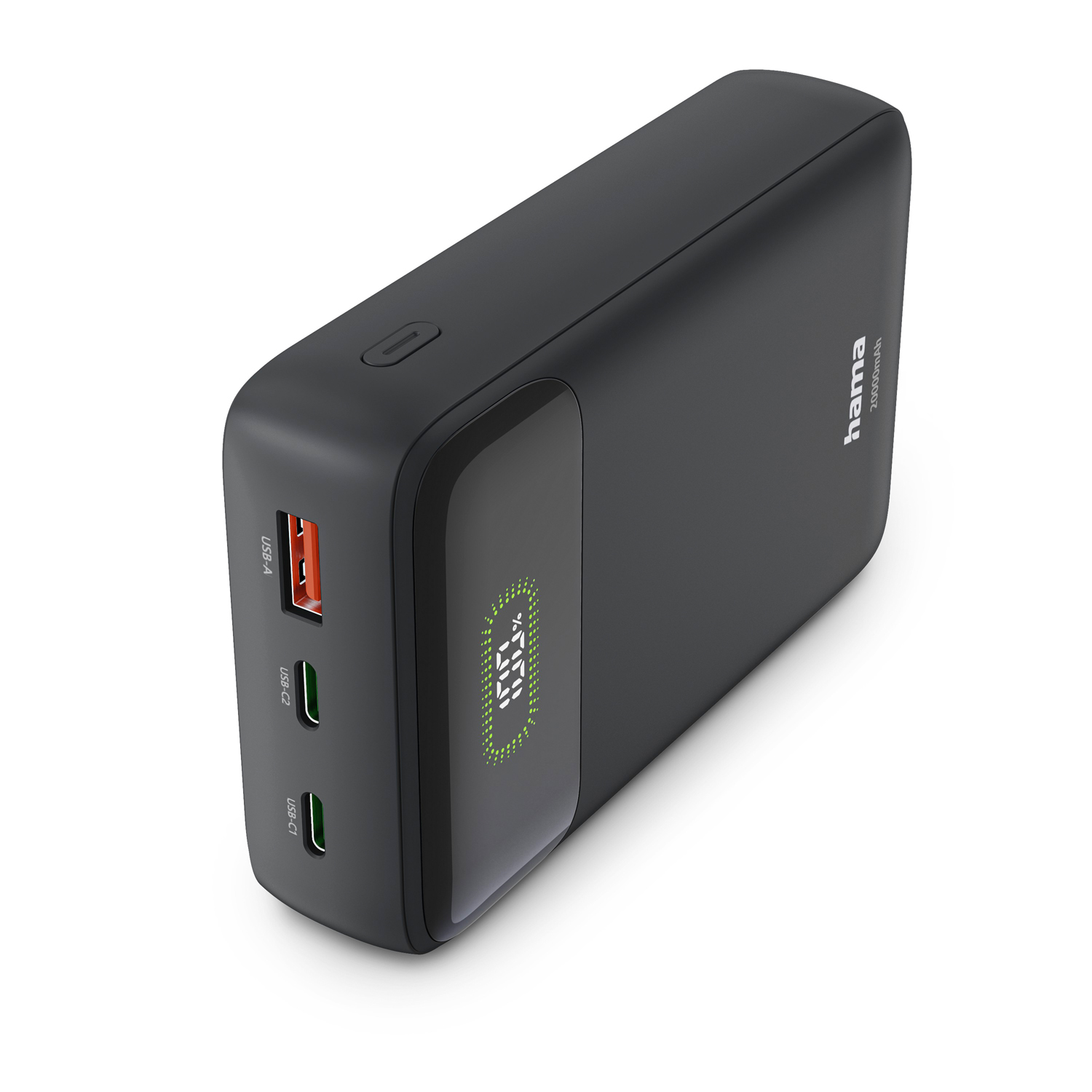 Schwarze Hama Powerbank mit LED-Display, USB-A- und zwei USB-C-Anschlüssen auf weißem Hintergrund.
