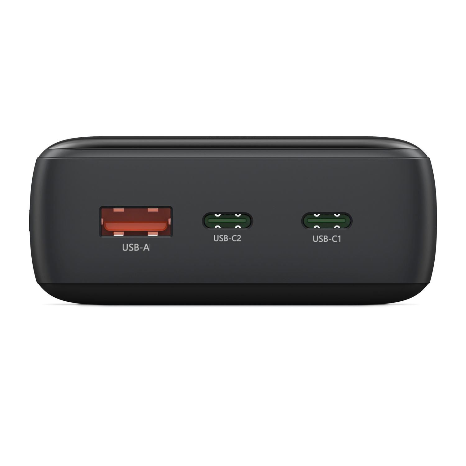 Schwarzes Ladegerät mit einem USB-A- und zwei USB-C-Anschlüssen.