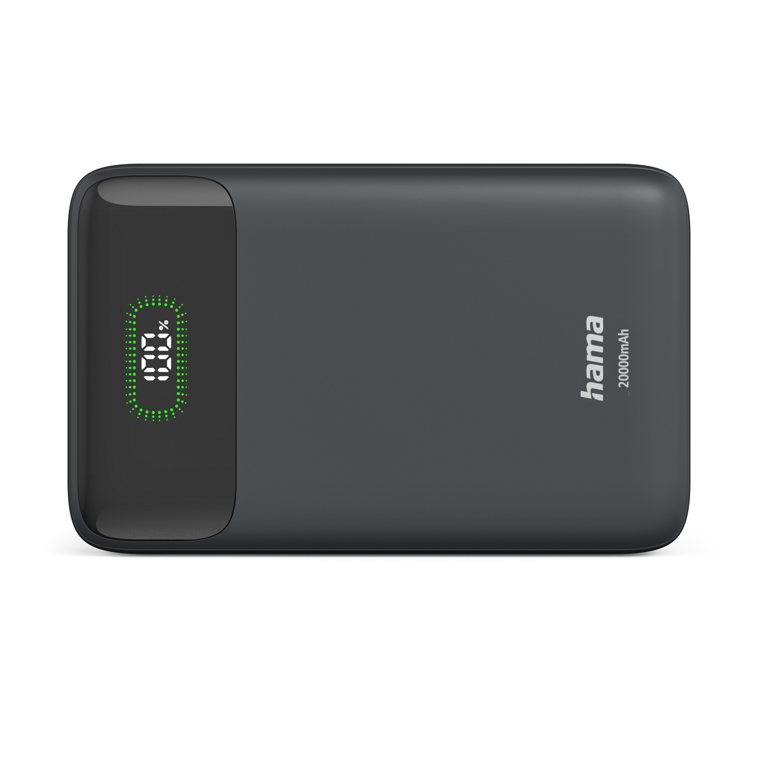 Schwarze Hama Powerbank mit 20000mAh und grünem LED-Display.