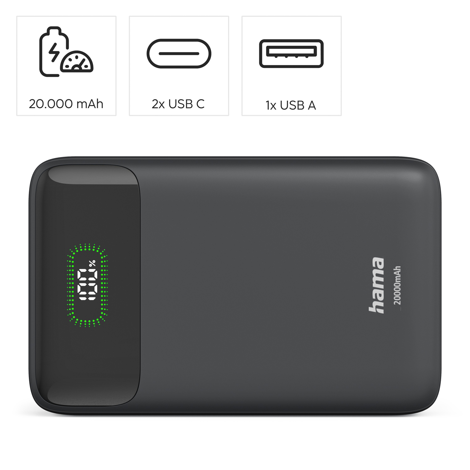 Eine schwarze Hama Powerbank mit 100%-Digitaldisplay und drei Funktionssymbolen oben.