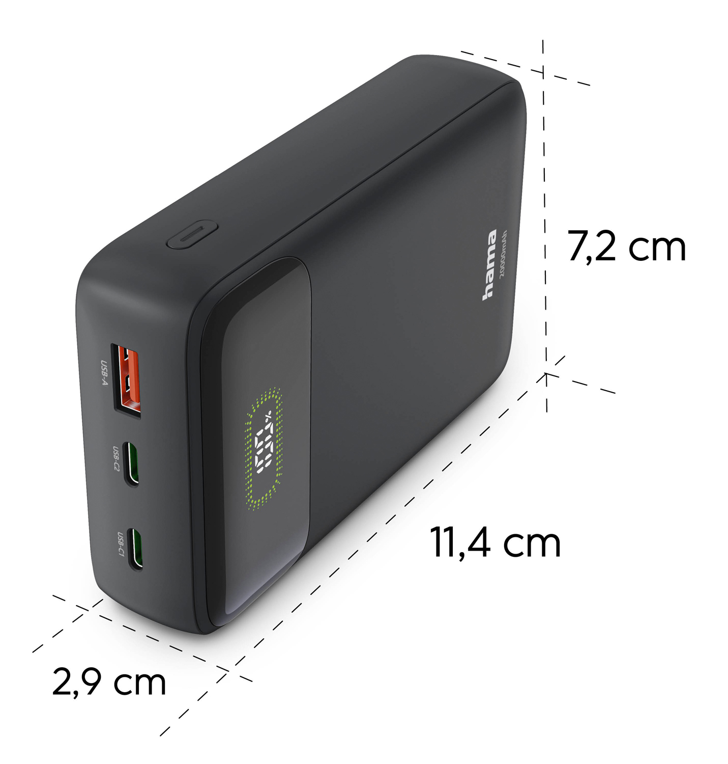 Schwarze Hama Powerbank 20000mAh mit Maßen 11,4 x 7,2 x 2,9 cm, USB-Ports und digitalem Display.