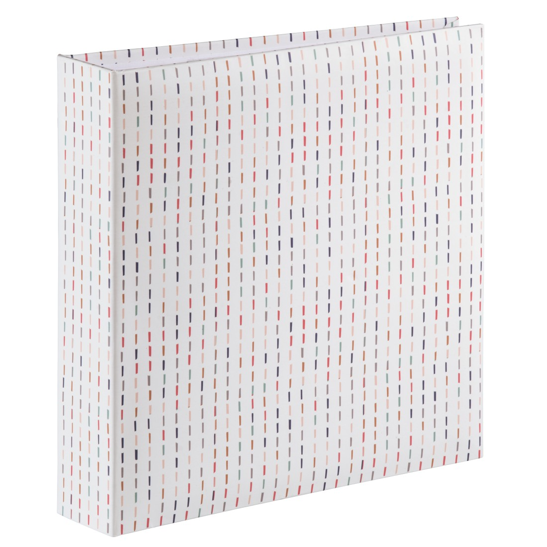 Un raccoglitore bianco presenta un motivo colorato di linee tratteggiate verticali rosse, blu e verdi su sfondo bianco.