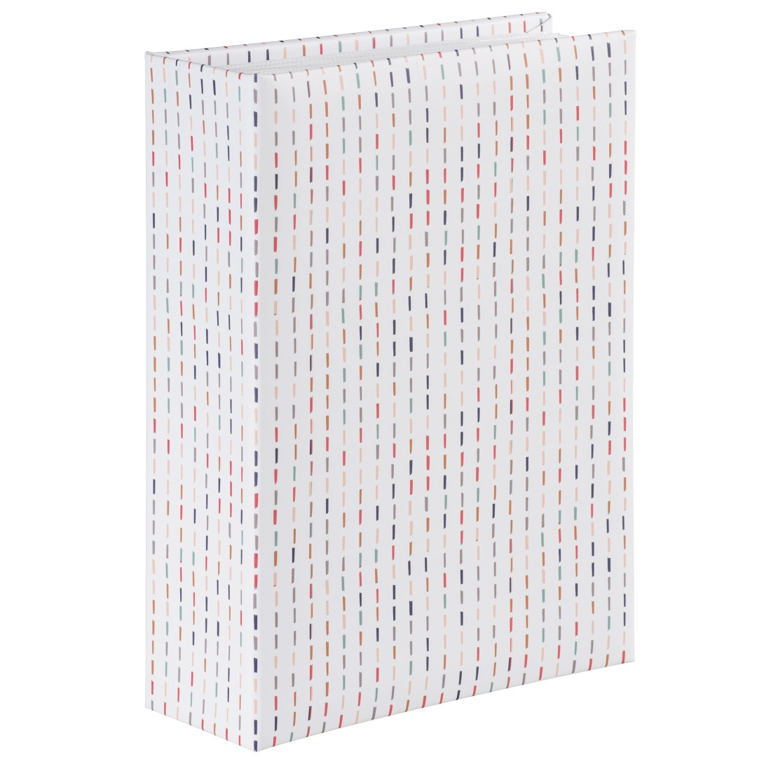Ein weißes Buch mit einem bunten Strichmuster aus blauen, roten und grauen Linien.