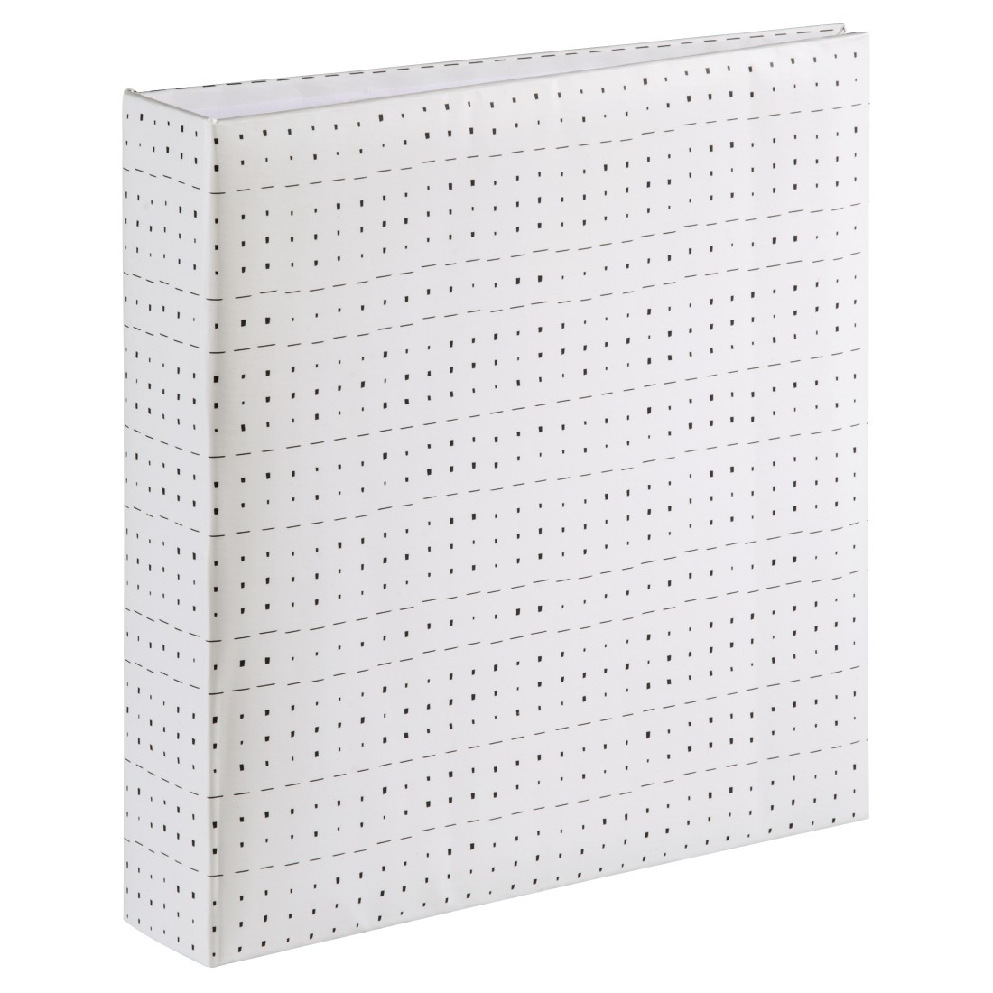 Una carpeta de anillas blanca con un patrón de puntos y guiones negros.
