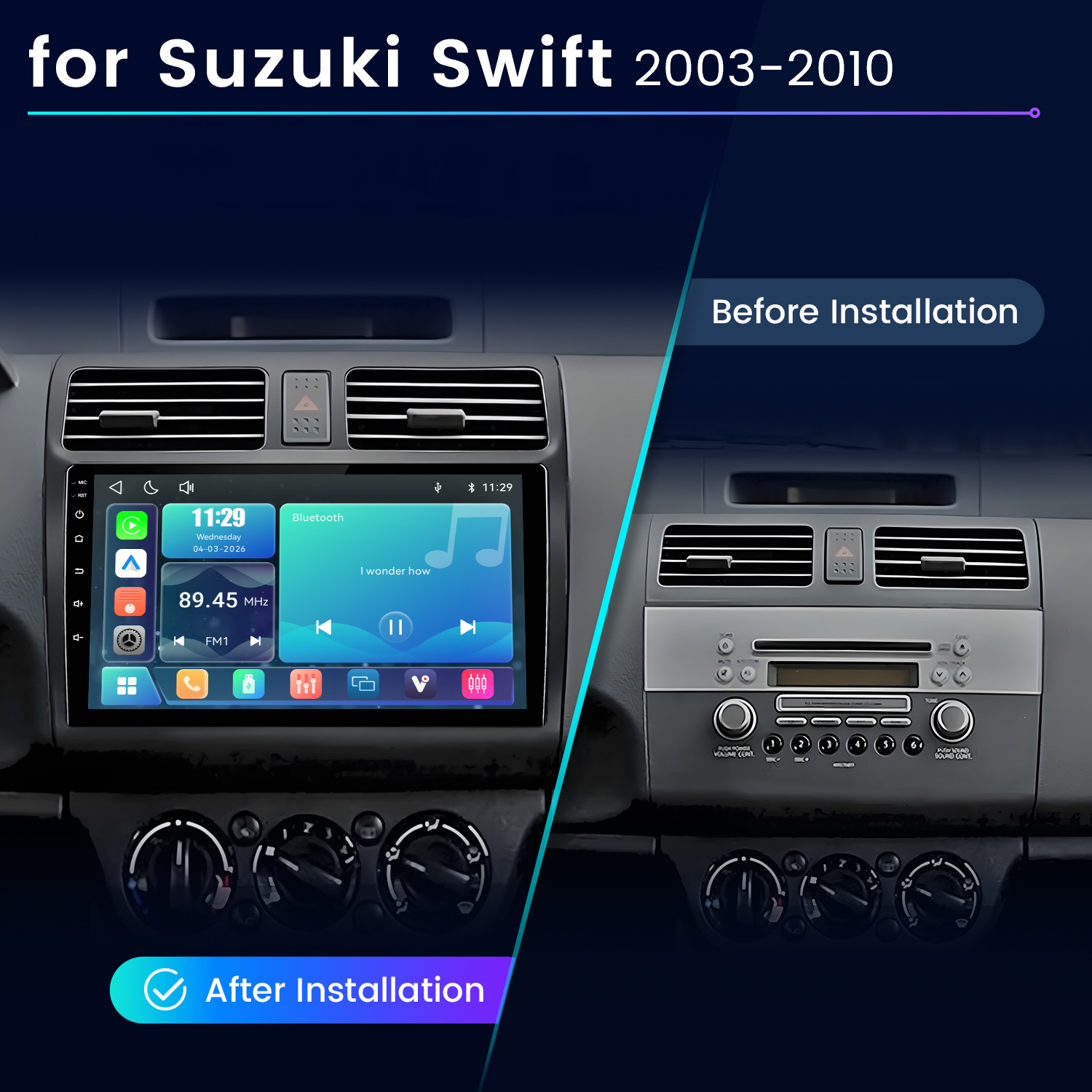 Suzuki Swift műszerfal összehasonlítás érintőképernyős autórádió beszerelése előtt és után.