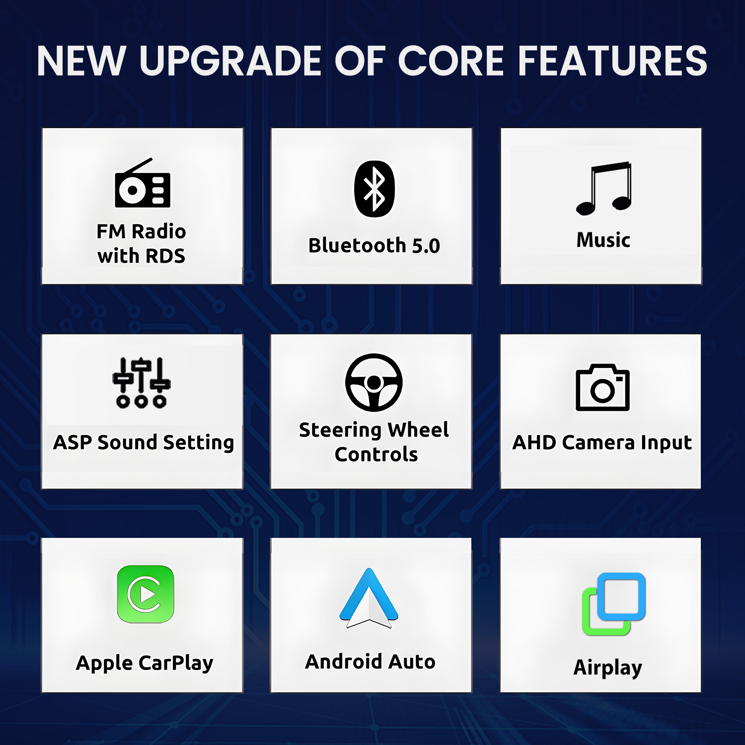 Kilenc alapvető funkciót, például FM-rádiót, Bluetooth 5.0-t és Apple CarPlay-t bemutató infografika kék háttérrel.