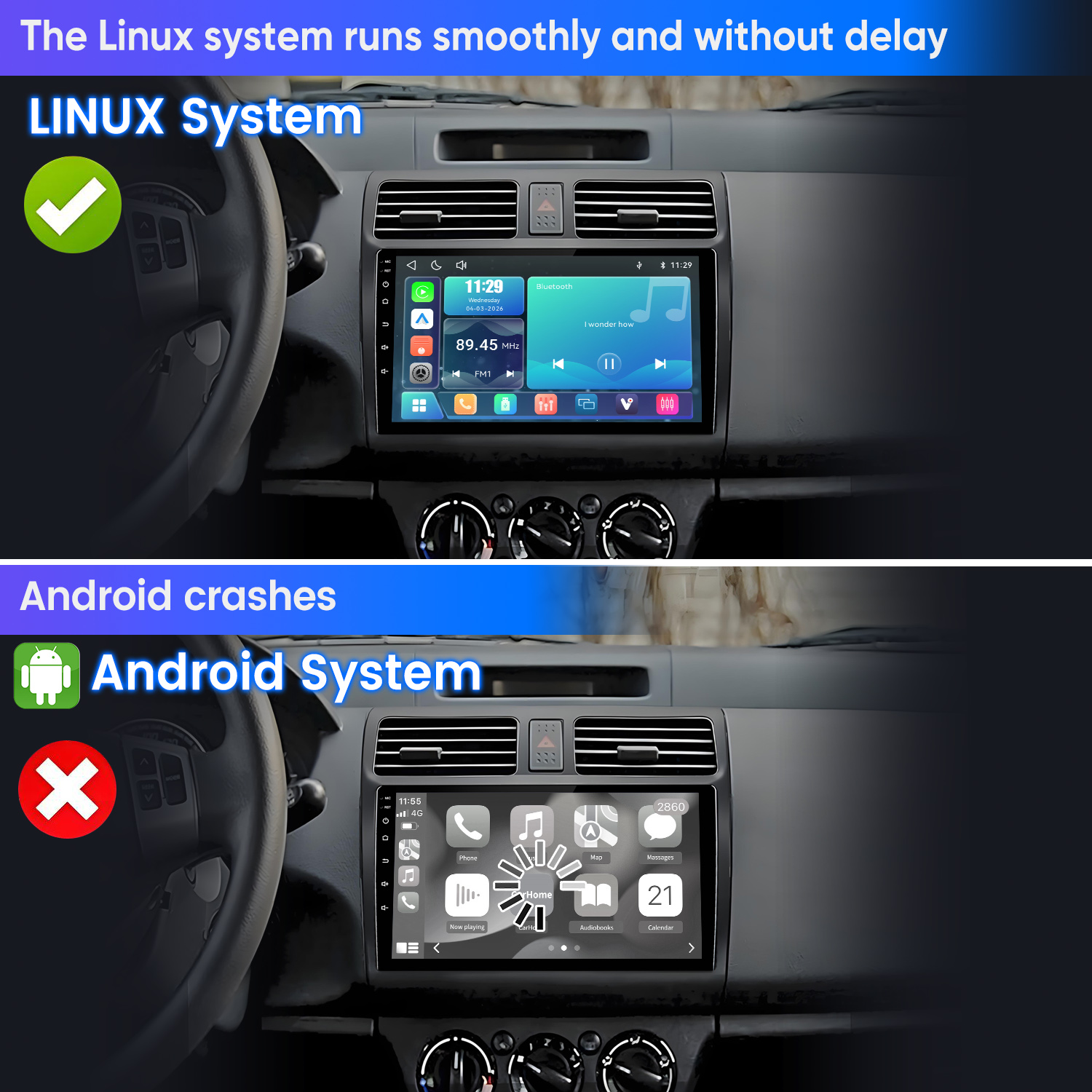 Linux és Android autós rendszerek összehasonlítása érintőképernyővel.