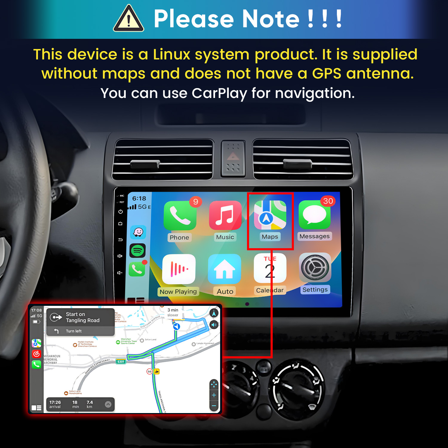 Linux autósrádió CarPlay navigációval, alkalmazás ikonokkal és figyelmeztetéssel.