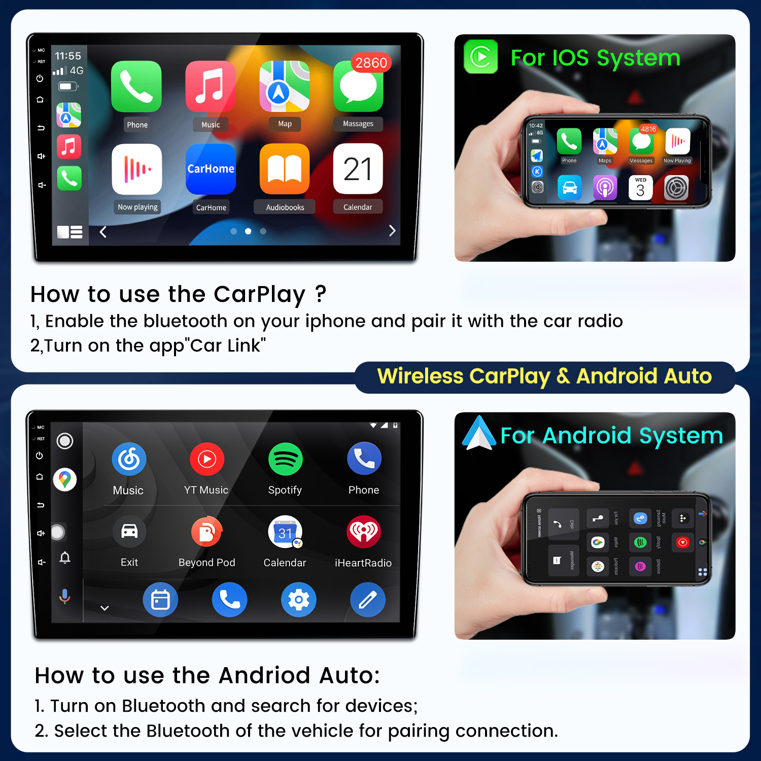 Útmutató a vezeték nélküli CarPlay és Android Auto használatához autórádió képernyőivel.