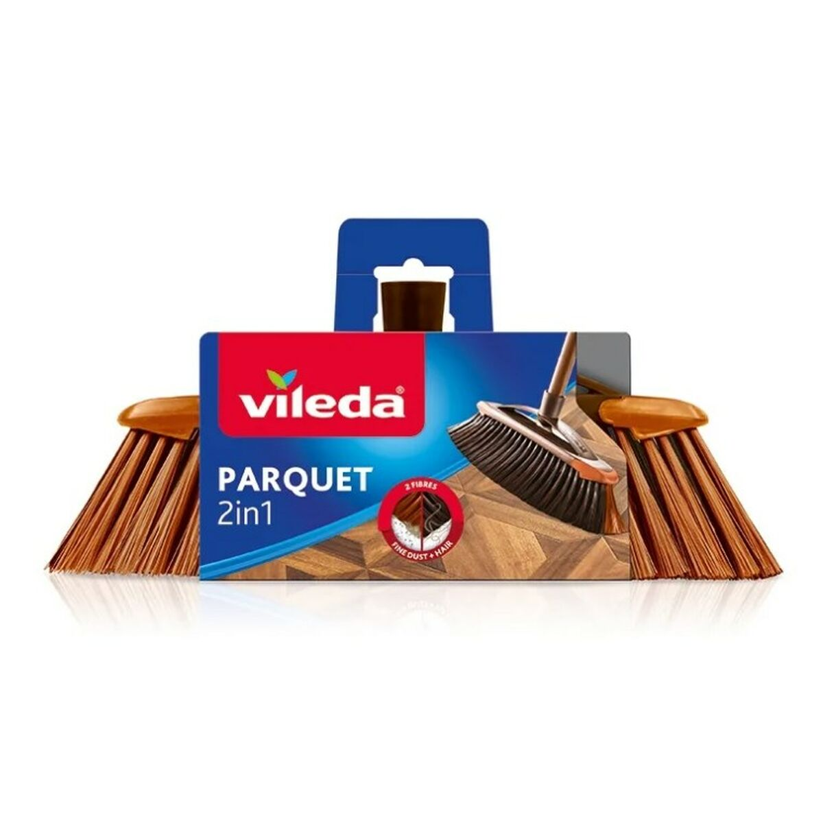 Miotła Vileda Parquet 2in1 w niebieskim opakowaniu z grafiką podłogi.