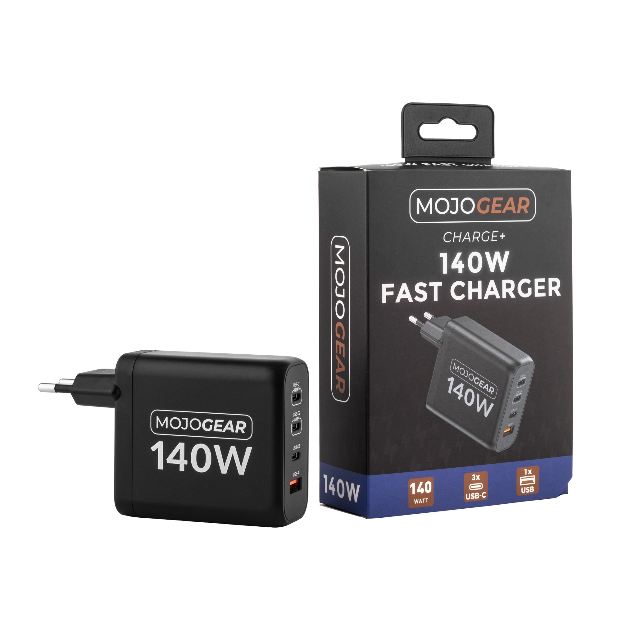 Black MojoGear 140W fast charger next to its product packaging on a white background.