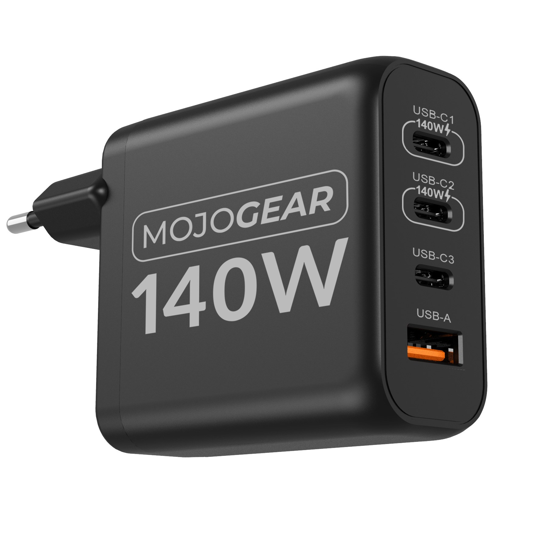 Black MojoGear 140W USB wall charger with three USB-C and one USB-A ports on a white background.