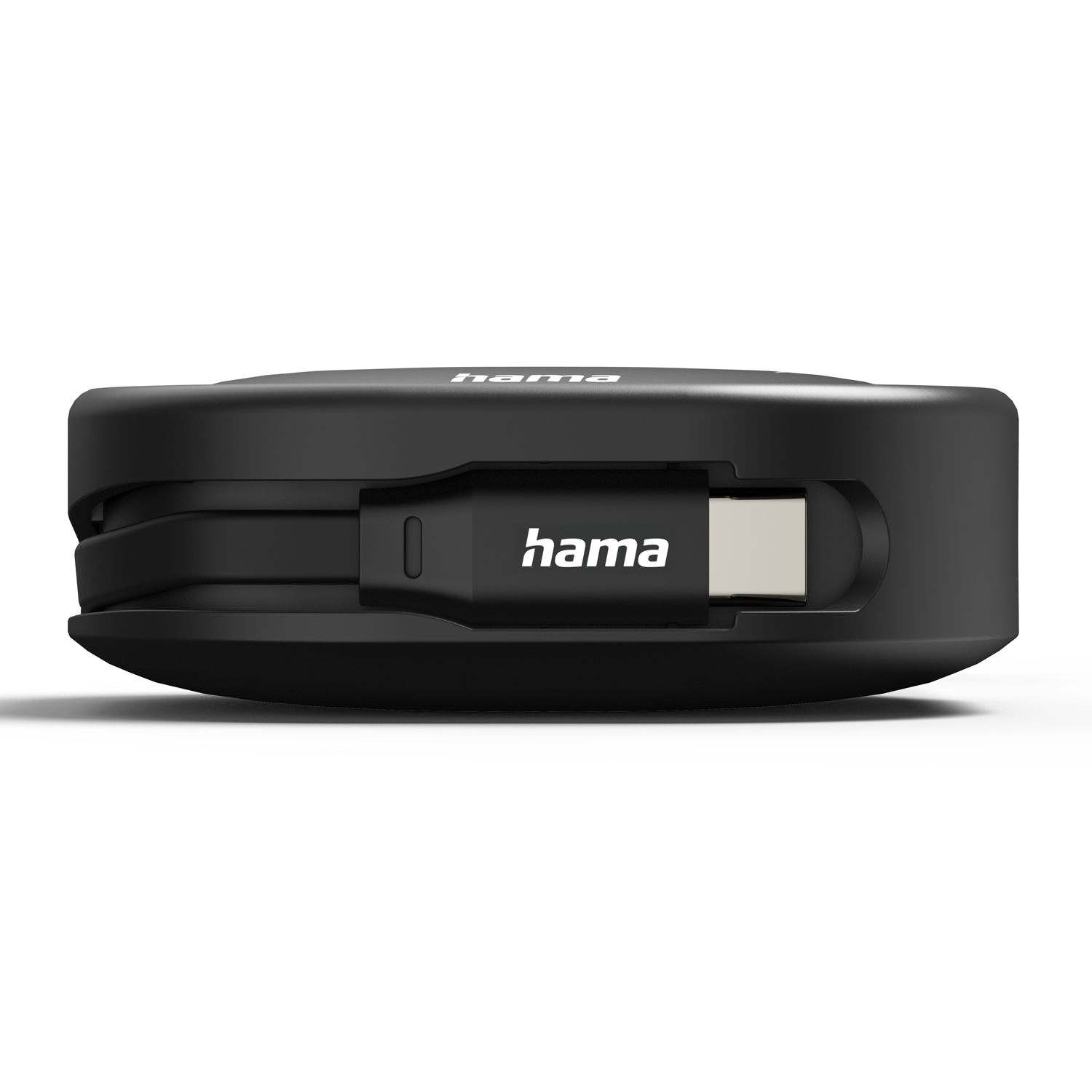 Czarna obudowa kabla ładującego Hama ze zintegrowanym złączem USB-C na białym tle.