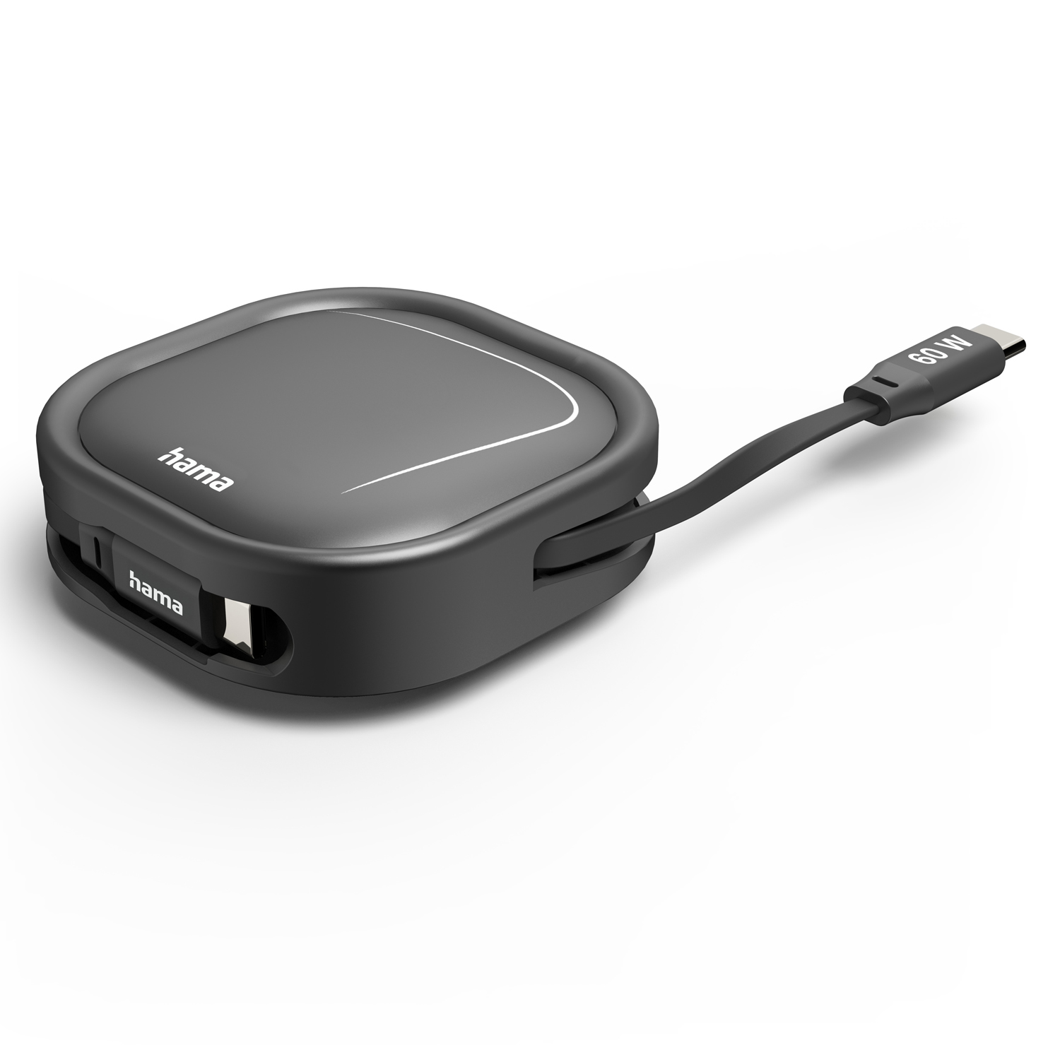 Czarne etui na kabel ładujący Hama ze zintegrowanym kablem USB-C na białym tle.