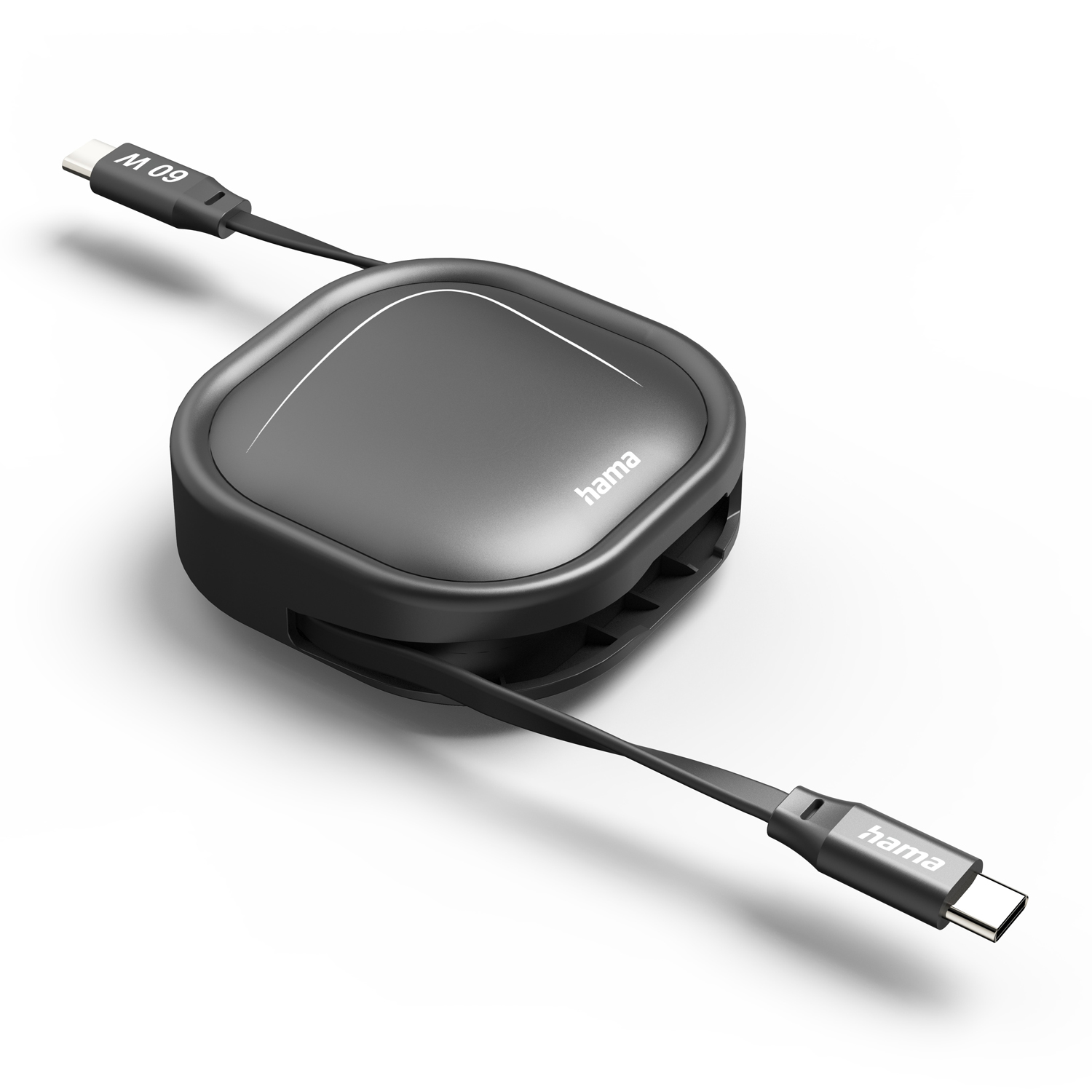 Czarna, zwijana obudowa kabla USB-C marki Hama z dwoma wysuniętymi złączami USB-C na białym tle.