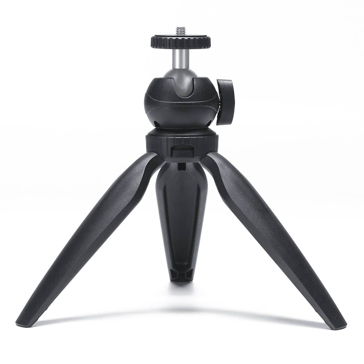 A small black tabletop tripod with a ball head on a white background.