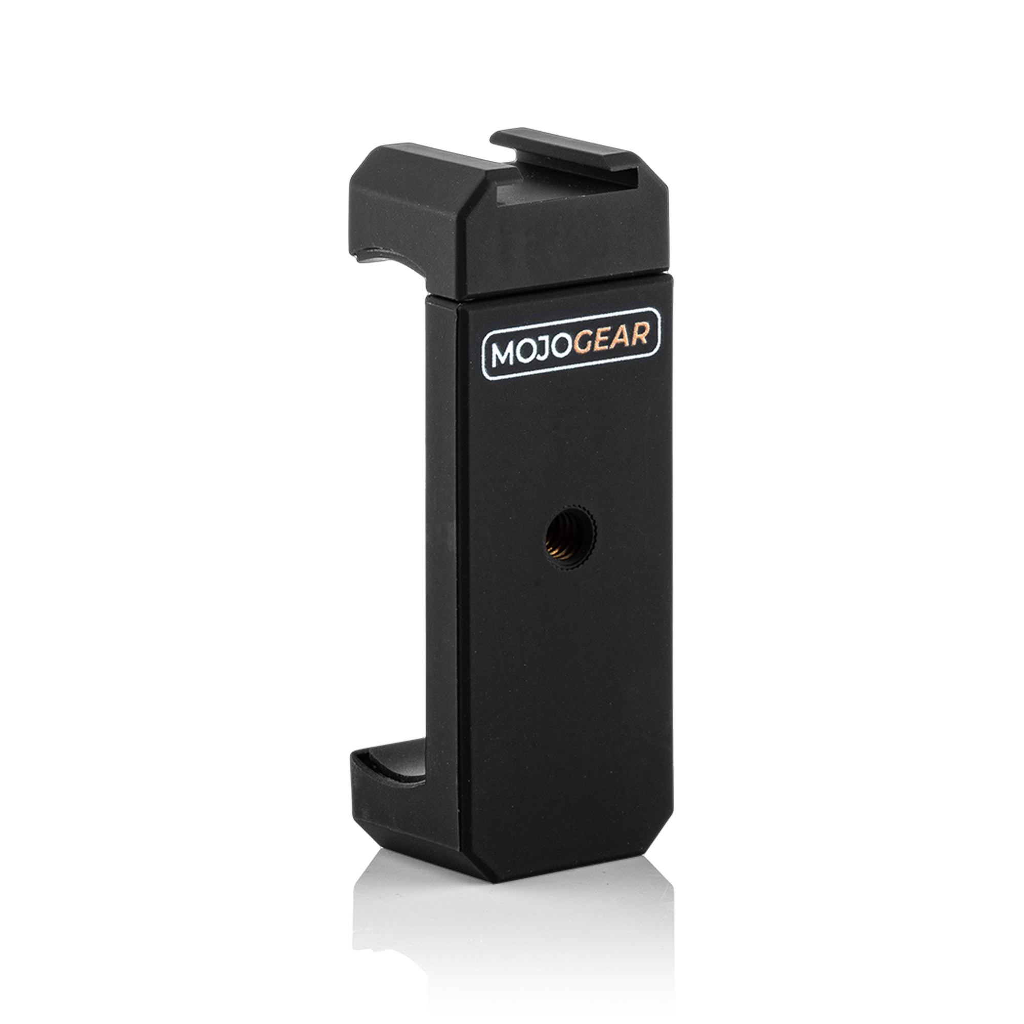 Eine schwarze Smartphone-Halterung aus Plastik mit Blitzschuh und MojoGear-Logo vor weißem Hintergrund.
