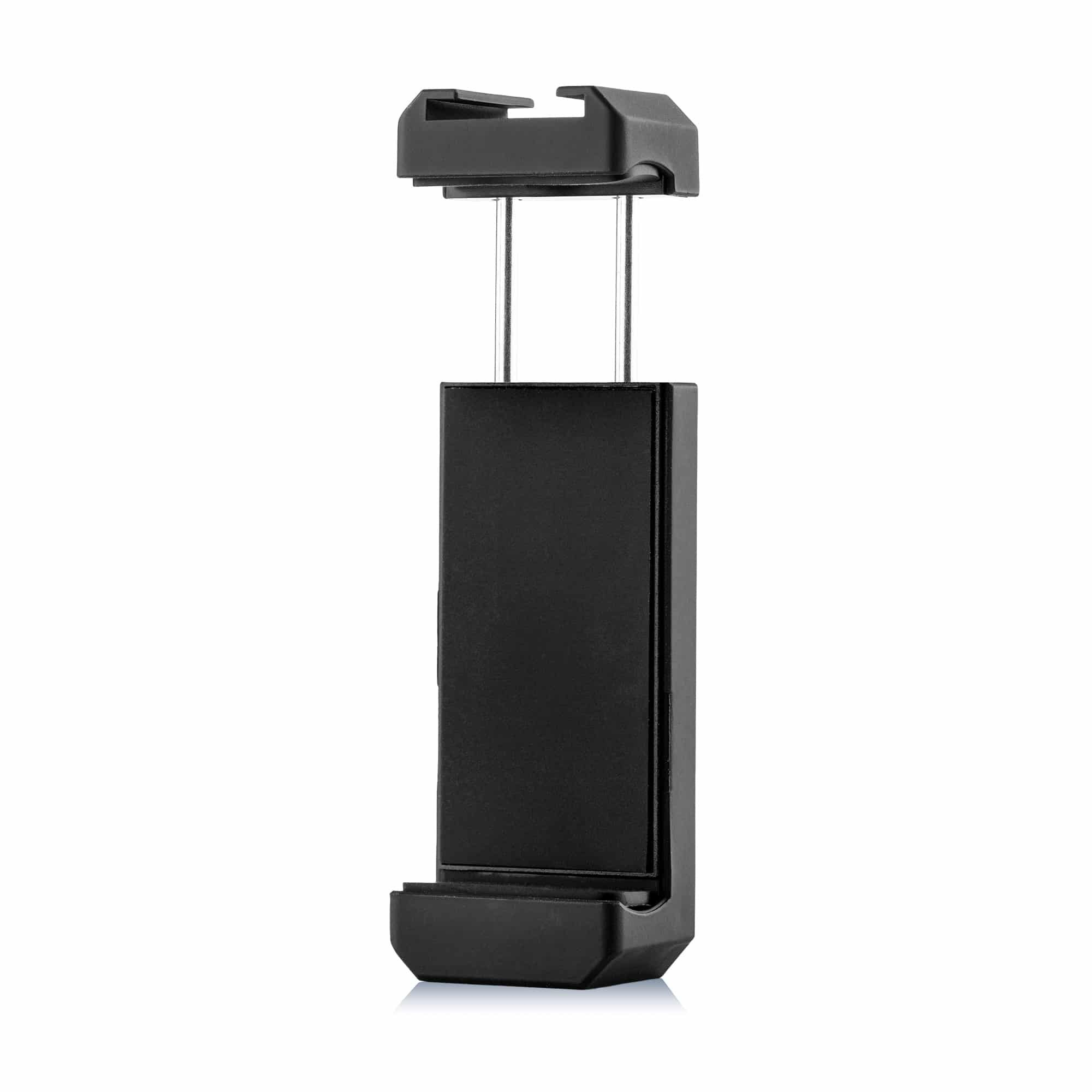 Ein schwarzer Smartphone-Halter mit verstellbarem Klemmmechanismus vor weißem Hintergrund.