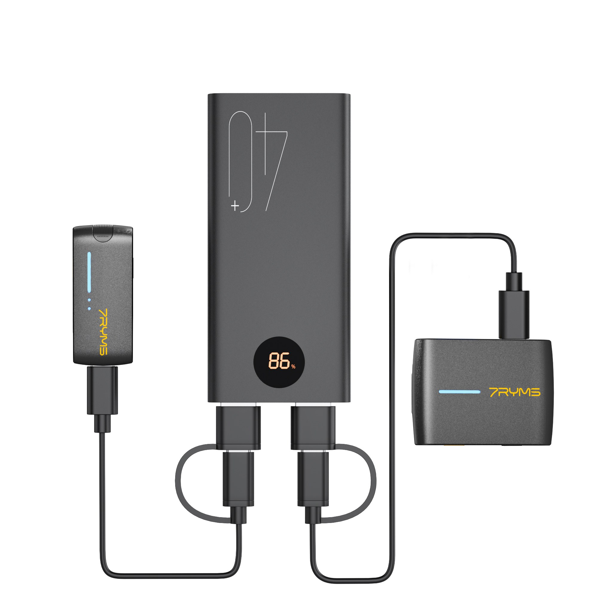 A black power bank with a digital display shows 86% charge, connected to two 7RYMS audio devices with cables.