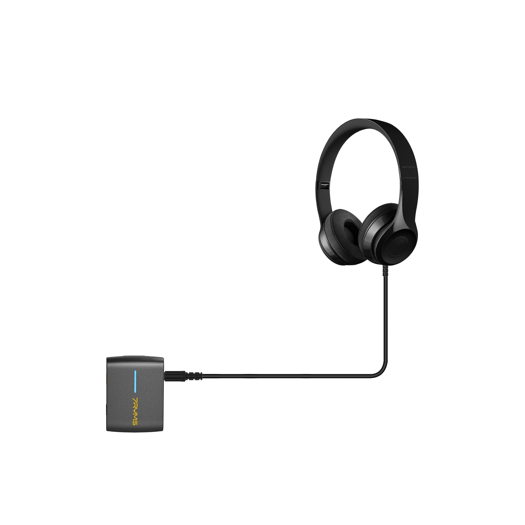 Black on-ear headphones connected by a cable to a small black audio adapter with a blue indicator light.