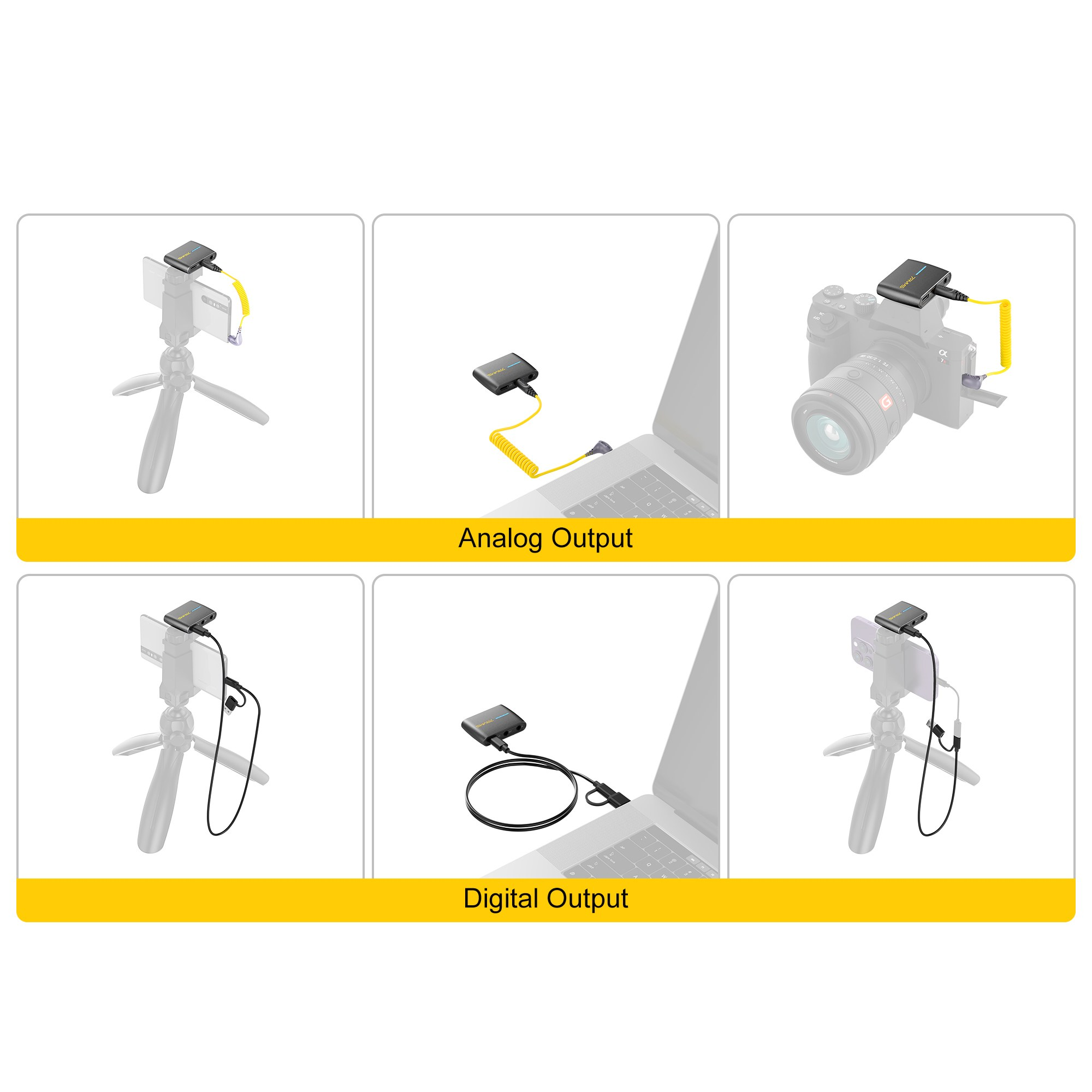 Six images show an audio device with yellow and black cables, connected to a camera, laptop, and phone.