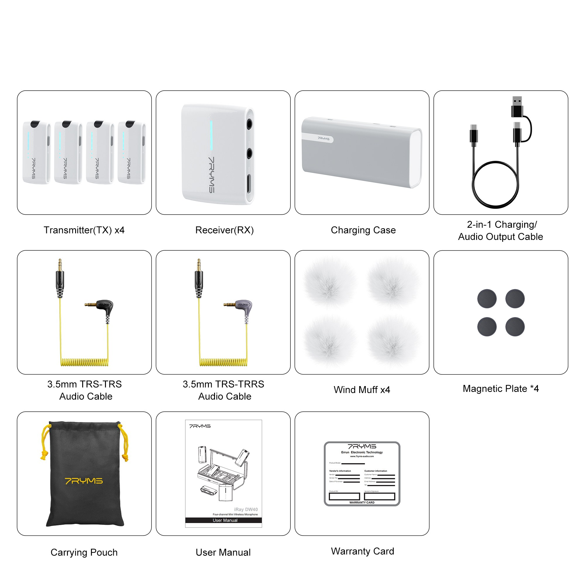 Various audio devices and accessories including transmitters, receiver, charging case, cables, and manuals.