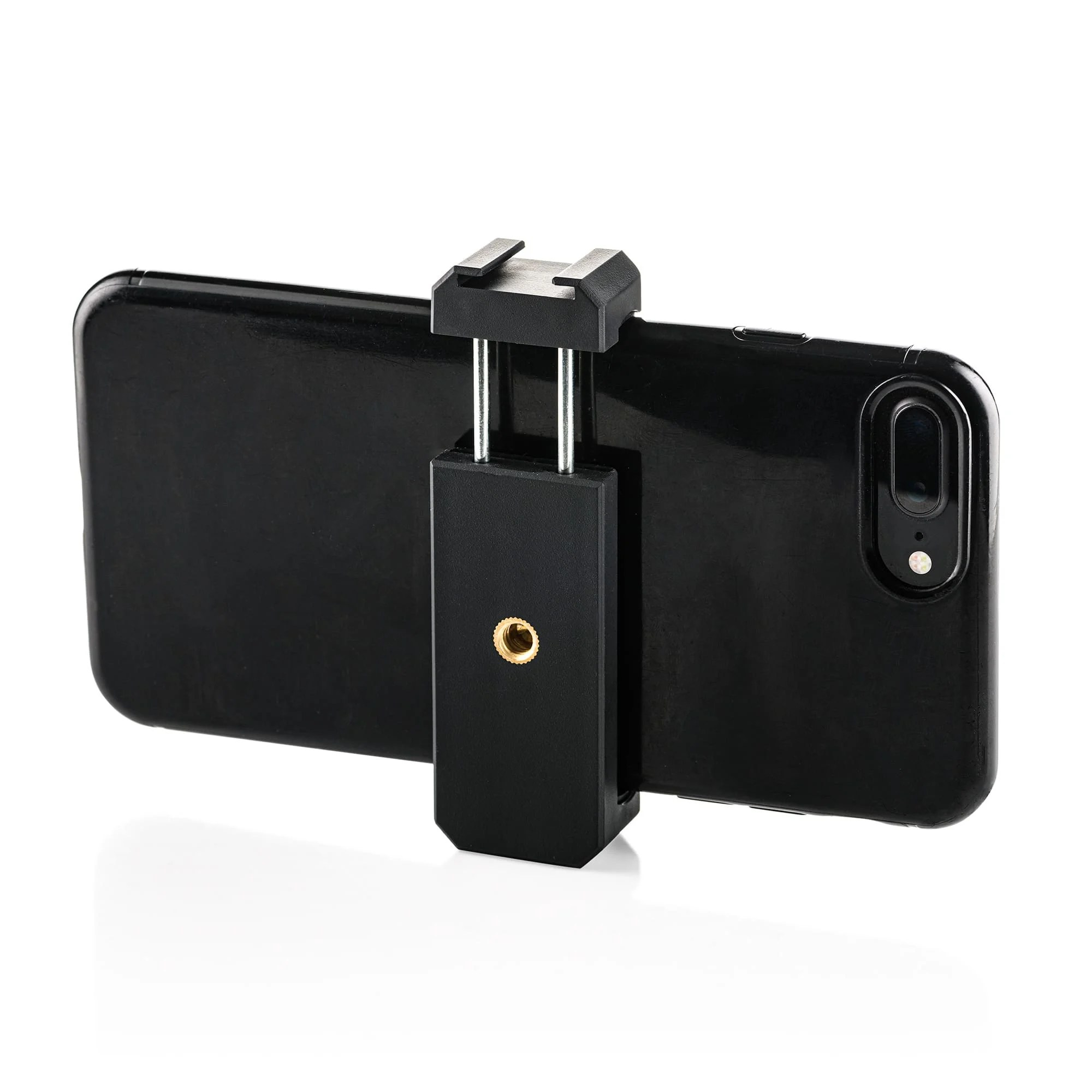 A black smartphone attached to a black plastic tripod mount on a white background.