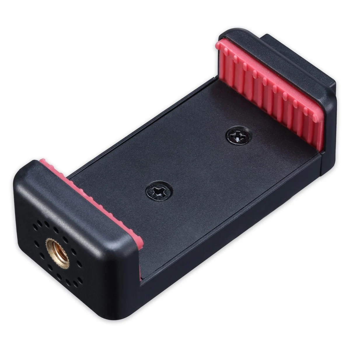 Ein schwarzer Smartphone-Halter mit roten Gummieinsätzen und zwei Schrauben auf der Basis vor weißem Hintergrund.