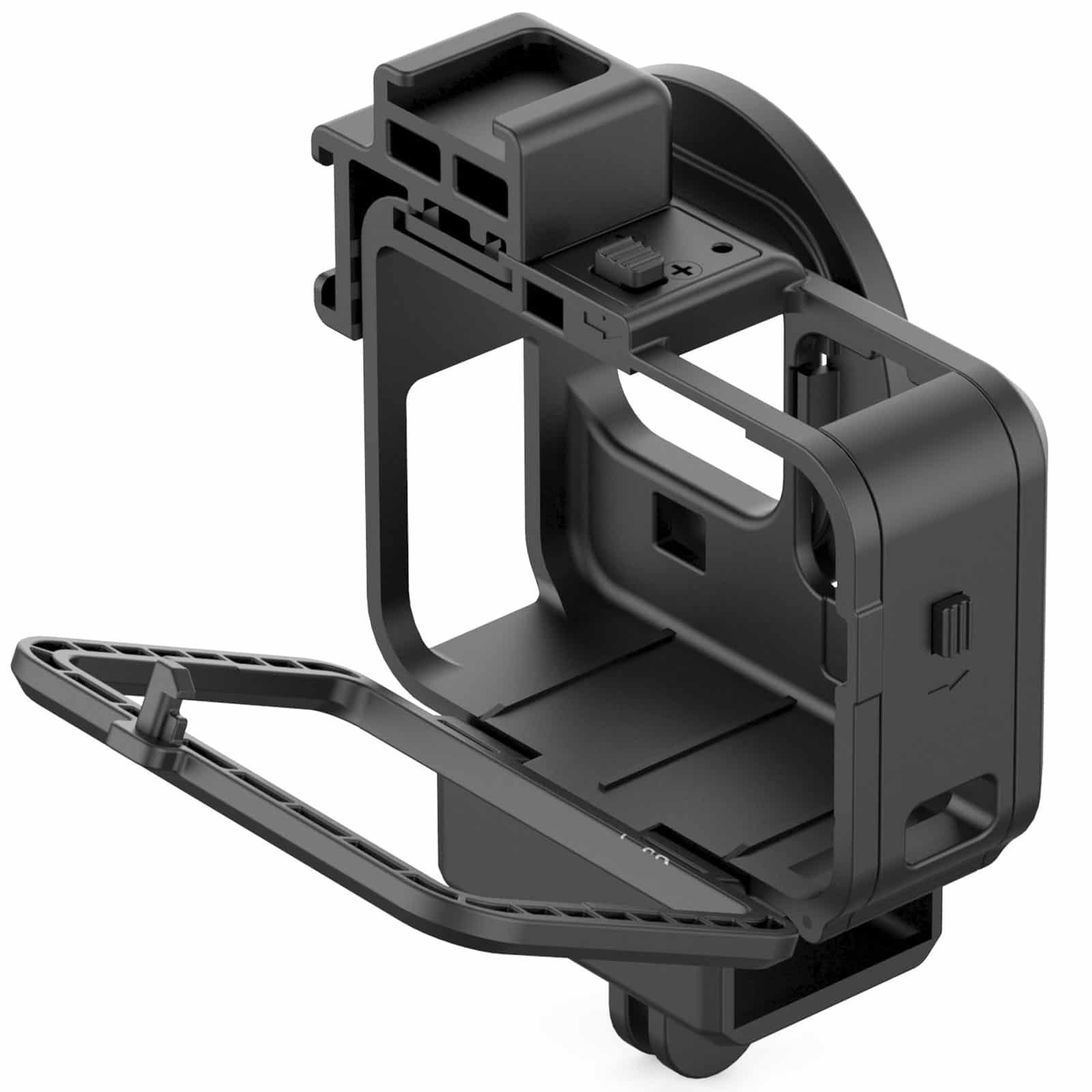 Black plastic action camera housing with an open latch, isolated on a white background.