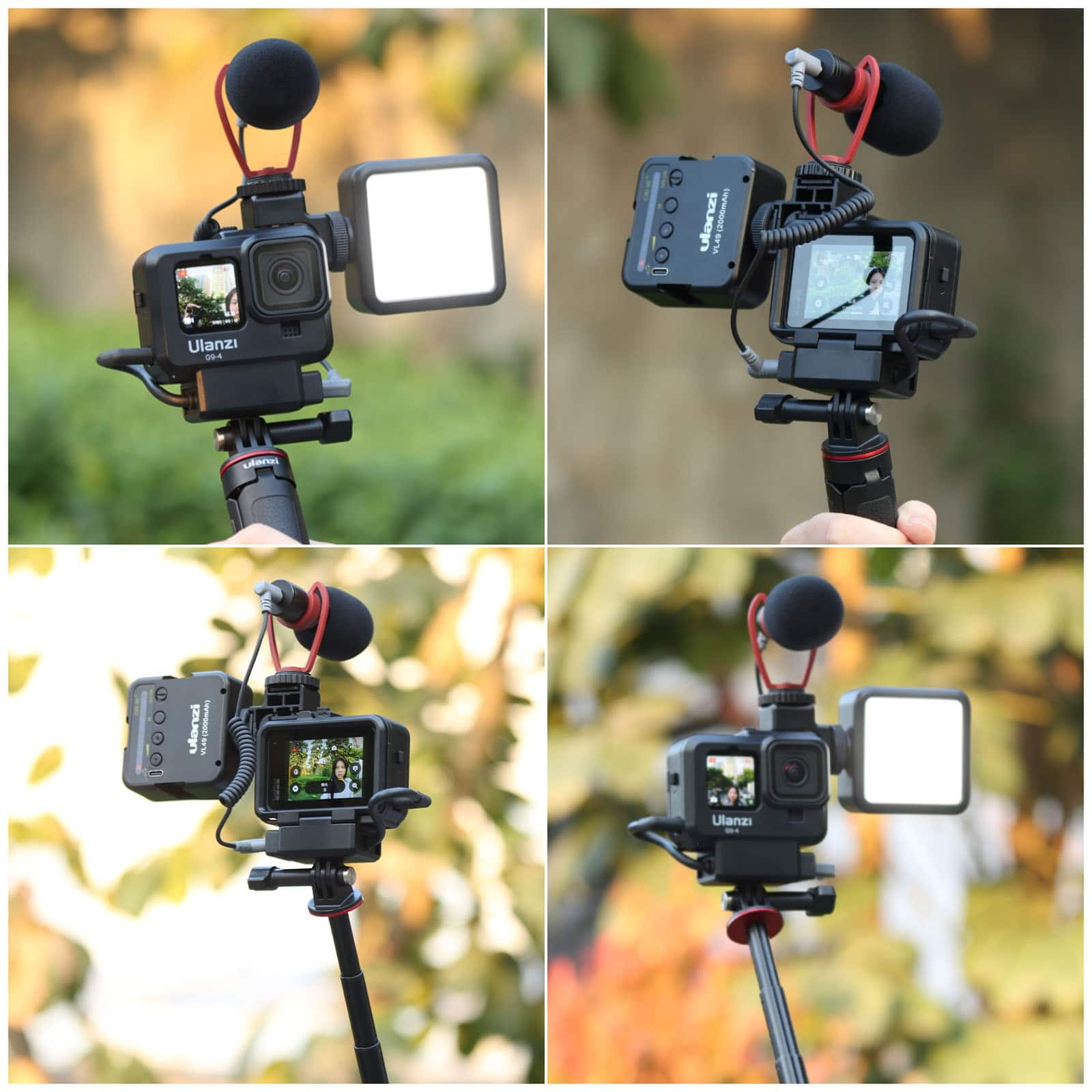 Four views of an action camera on a tripod, equipped with an LED light and microphone.