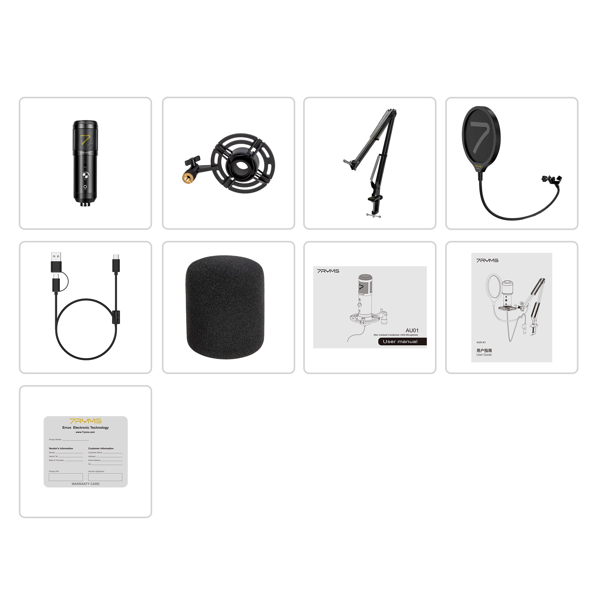 Various microphone components including a black microphone, shock mount, arm stand, cables, and user manual.