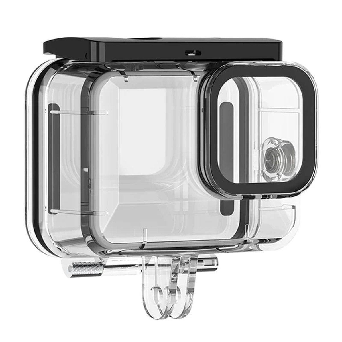 A clear waterproof action camera housing case with a black top mount and a screw at the bottom.