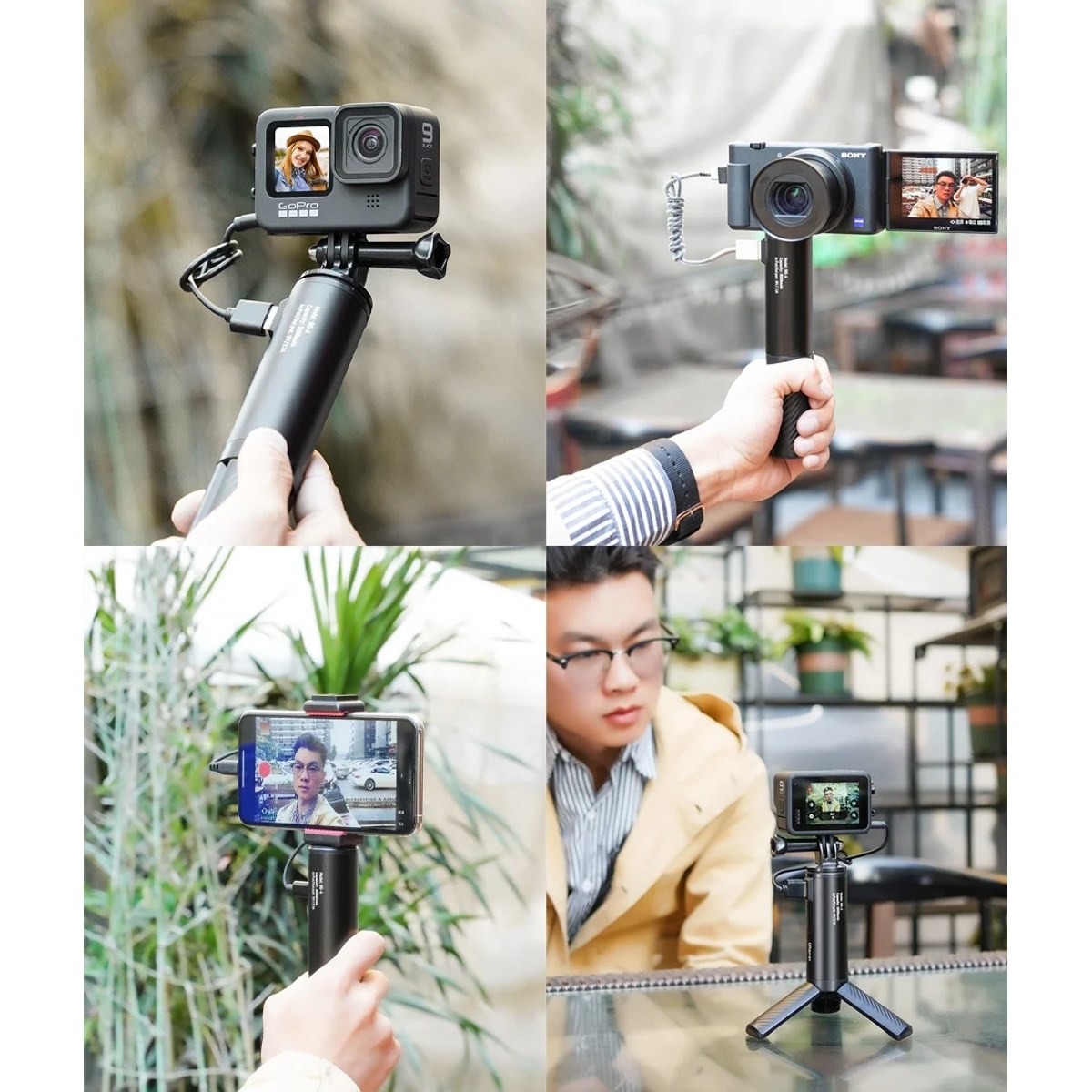 Quatre panneaux montrent une main tenant une poignée de caméra de vlogging noire tout-en-un avec caméra d'action, appareil et smartphone.