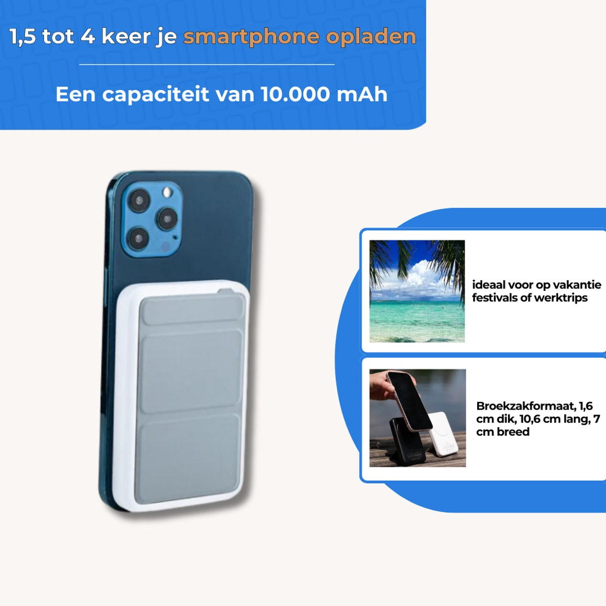 Batterie externe bleue fixée sur un smartphone, idéale pour les voyages.