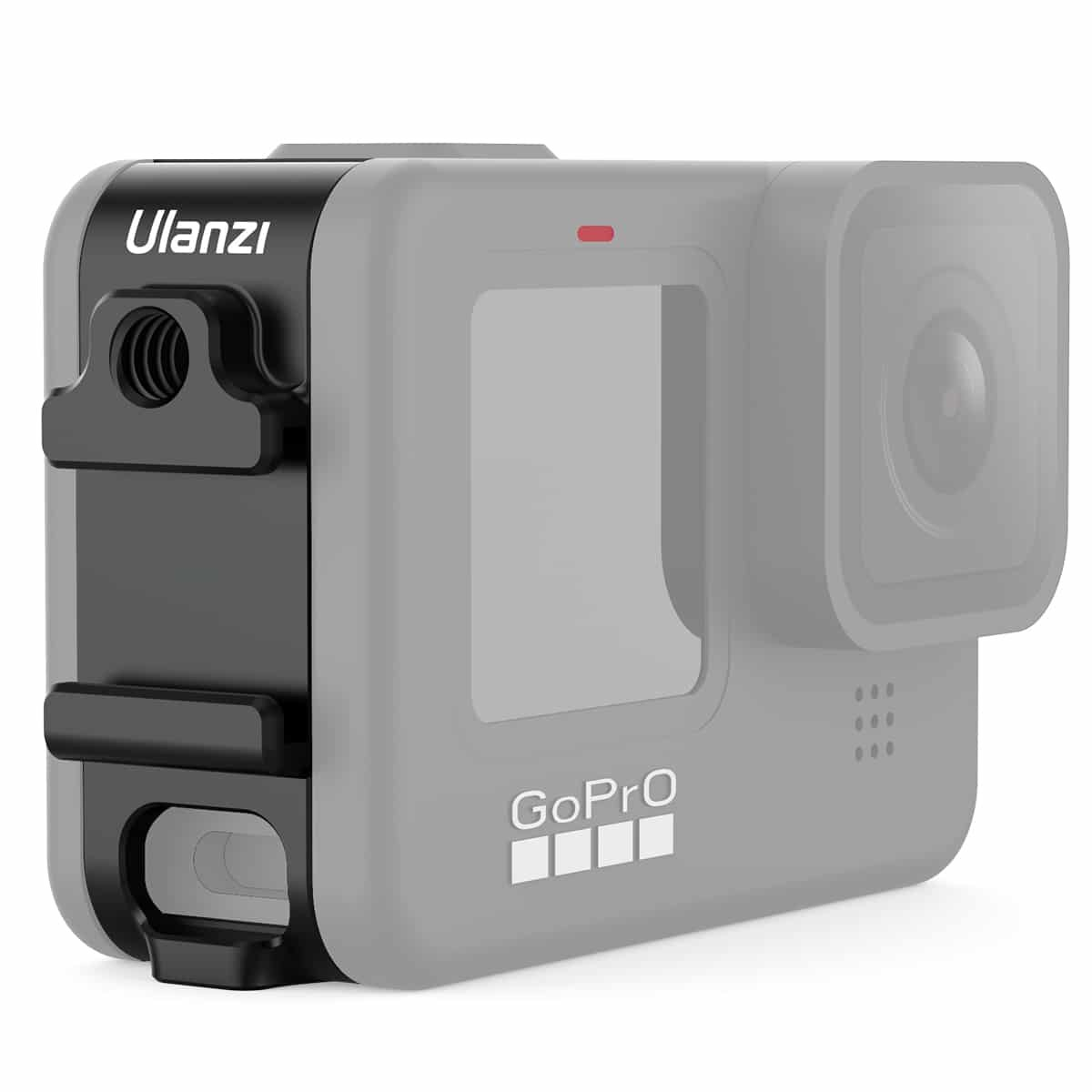 Graues Ulanzi-Gehäuse für GoPro-Kamera mit schwarzen Akzenten und offenem Batteriefach auf weißem Hintergrund.