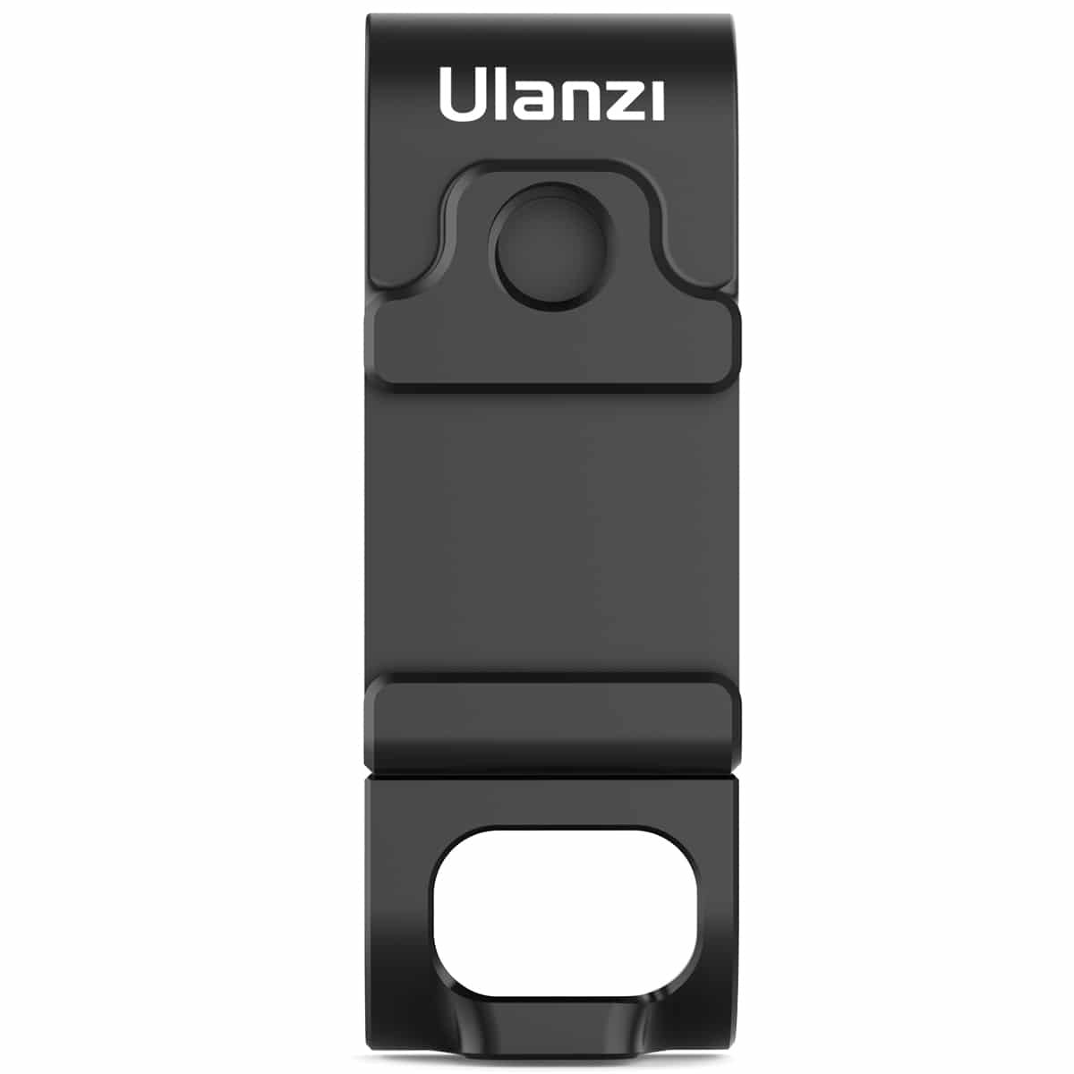 Eine schwarze Ulanzi Metall-Kamerahalterung mit weißem Markentext, Schraubenloch und Schlitzen vor weißem Hintergrund.