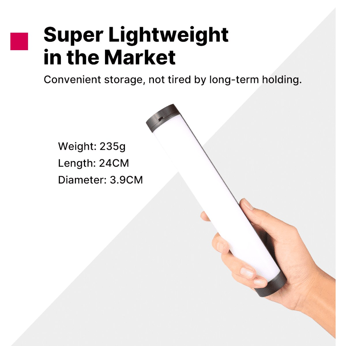 A hand holds a lightweight cylindrical LED lamp, with text showing weight and dimensions.