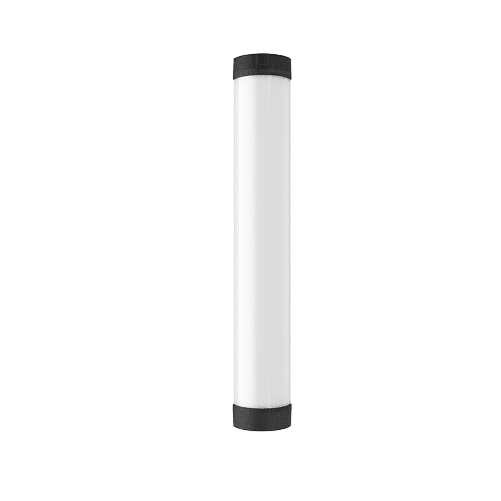 A cylindrical white LED tube light with black end caps against a plain white background.